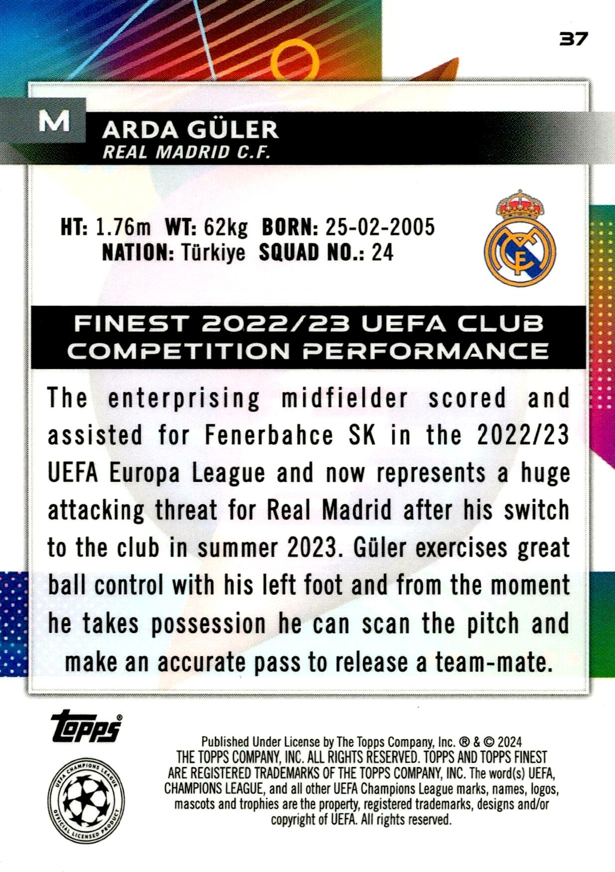 TOPPS FINEST UCL 2023/2024 ARDA GÜLER Nº37
