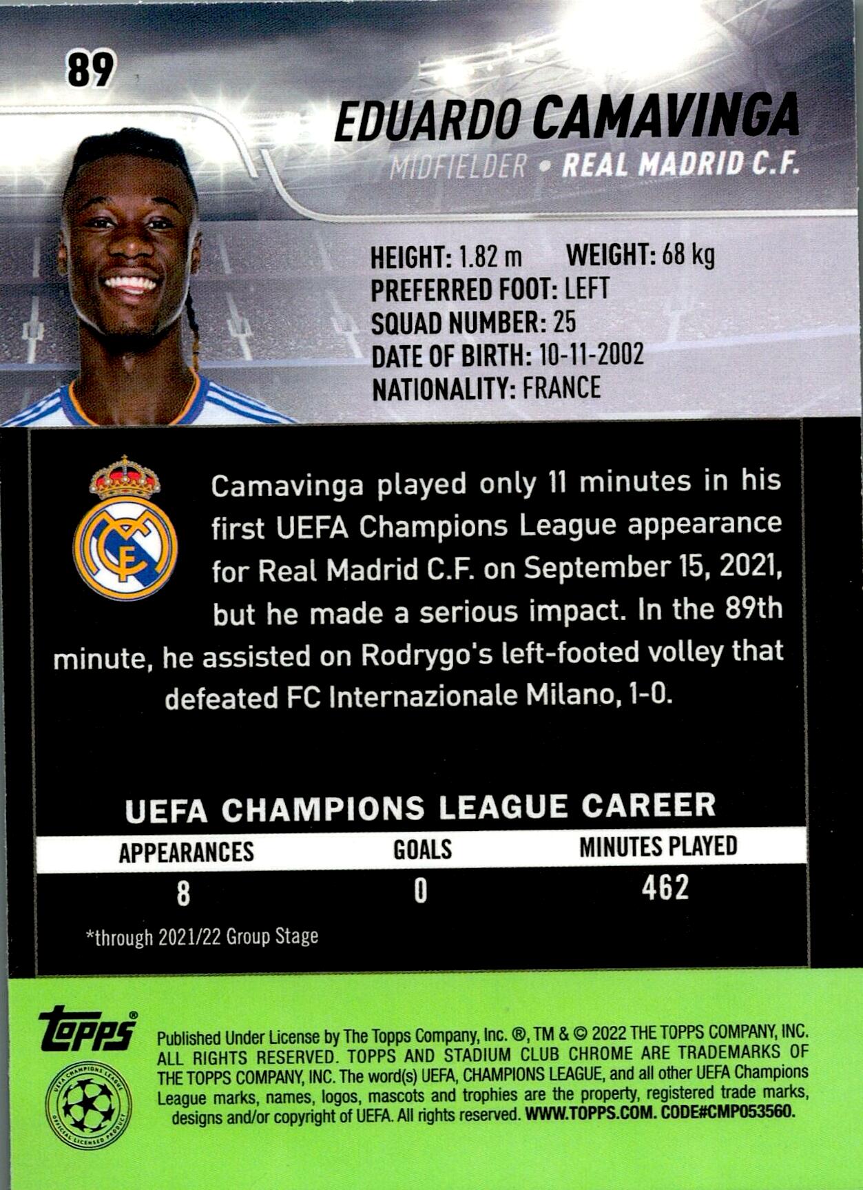 TOPPS STADIUM CHROME 2021/2022 CAMAVINGA Nº89