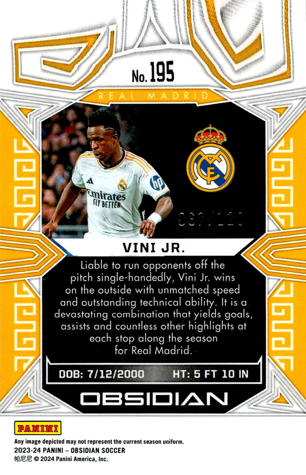 PANINI OBSIDIAN 2023/2024 VINICIUS Nº195 NUMERADA /120