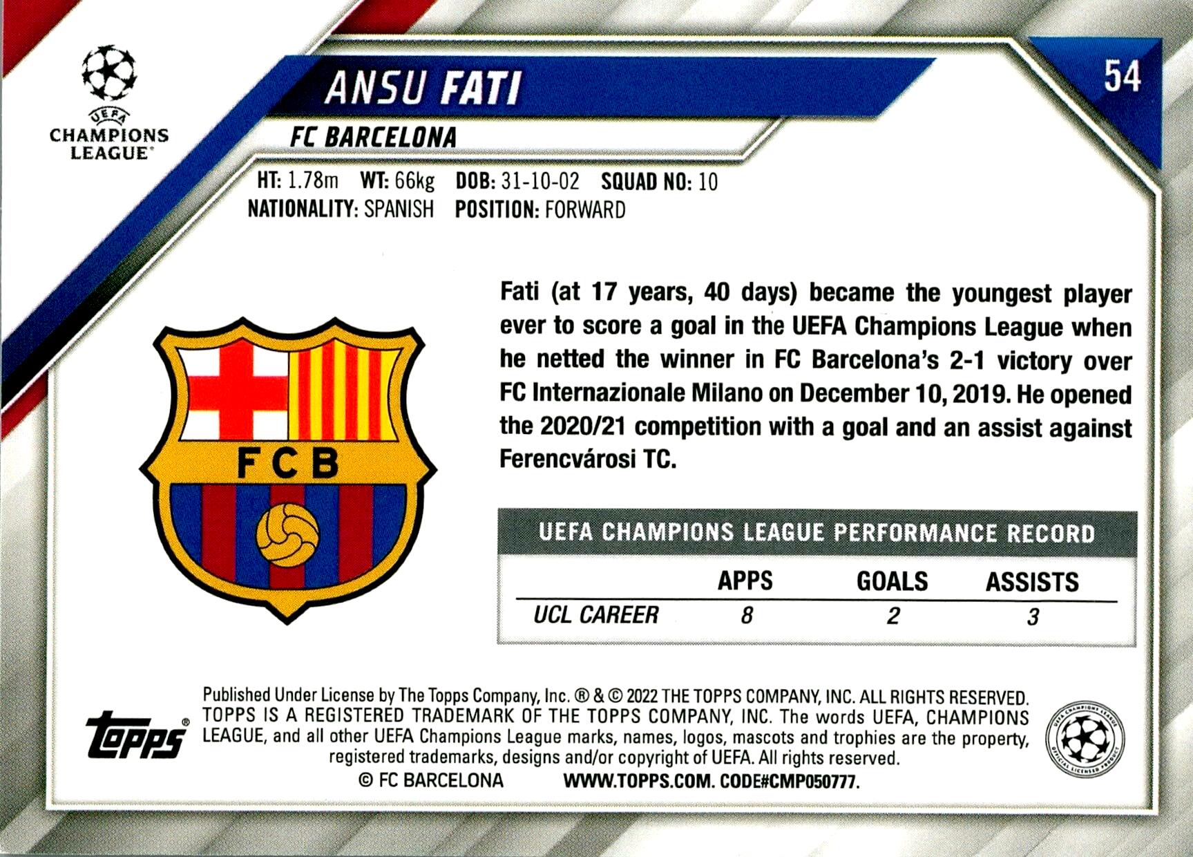 TOPPS UEFA CHAMPIONS LEAGUE 2021/2022 ANSU FATI Nº54