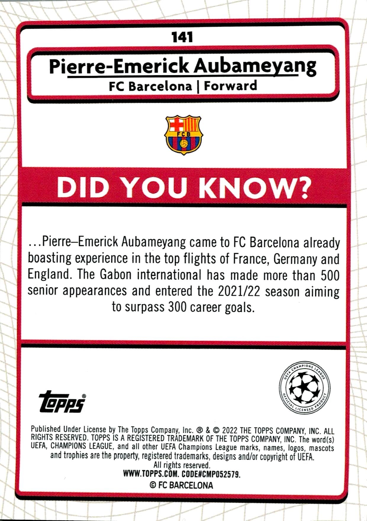 TOPPS MERLIN UCL 2021/2022 AUBAMEYANG Nº141