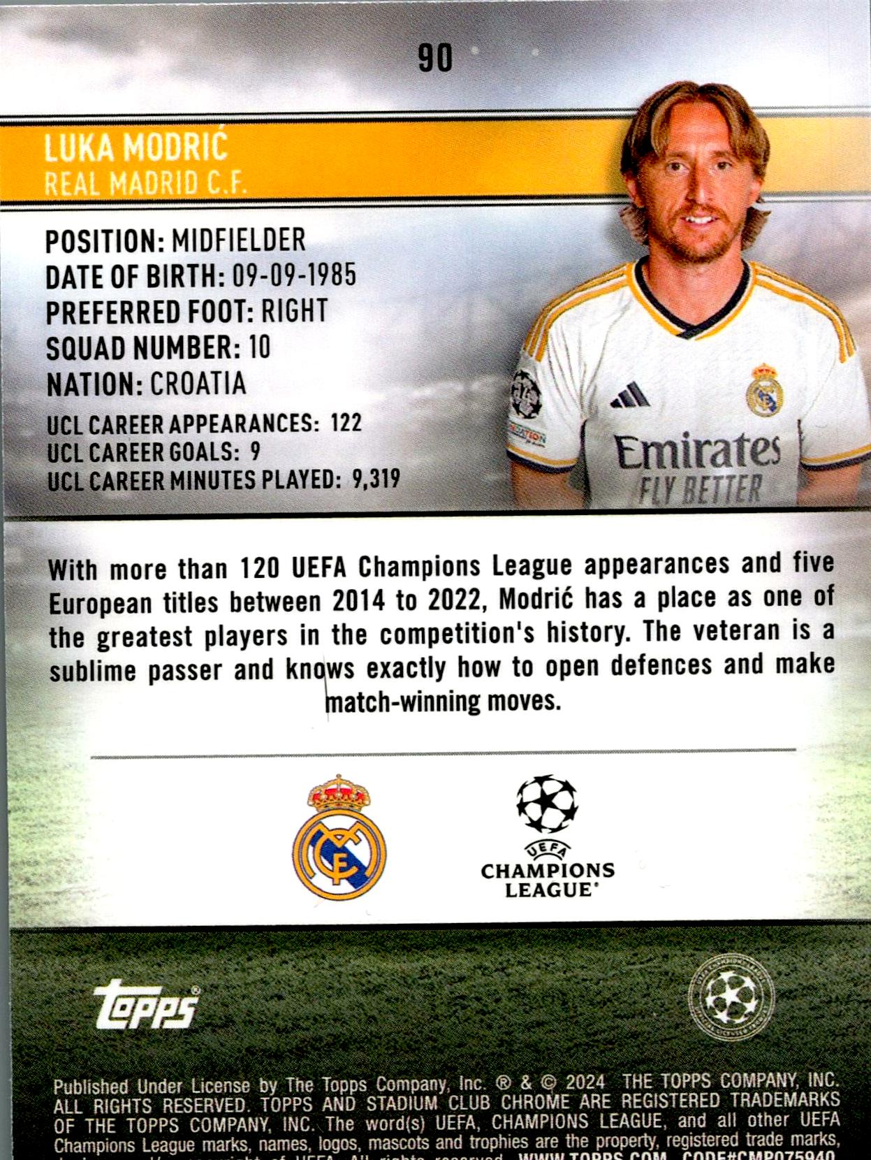 TOPPS STADIUM CHROME 2023/2024 LUKA MODRIC Nº90 NUMERADA /299
