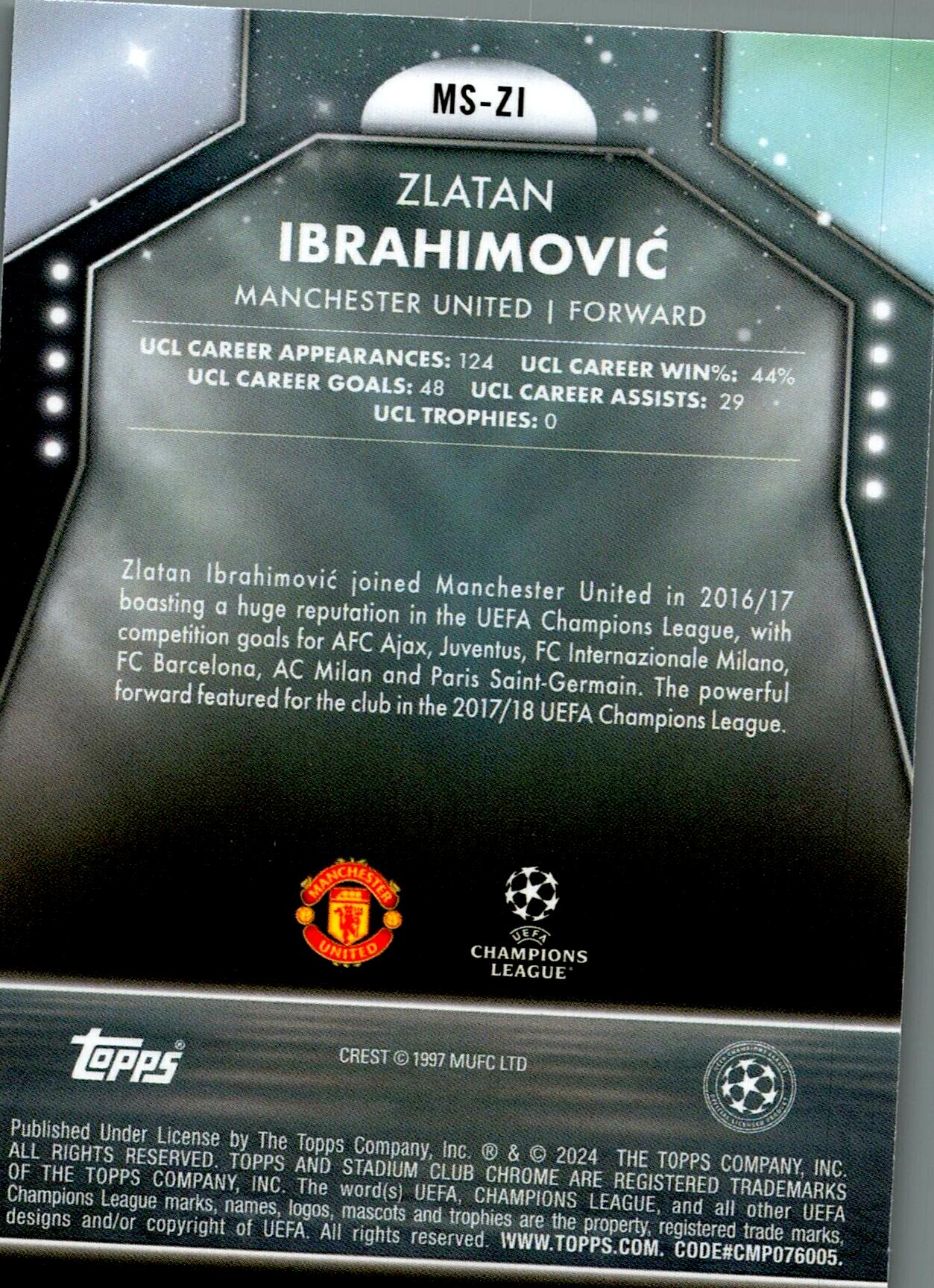 TOPPS STADIUM CHROME UCL 2023/2024 ZLATAN IBRAHIMOVIC MAIN STAGE NºMS-ZI