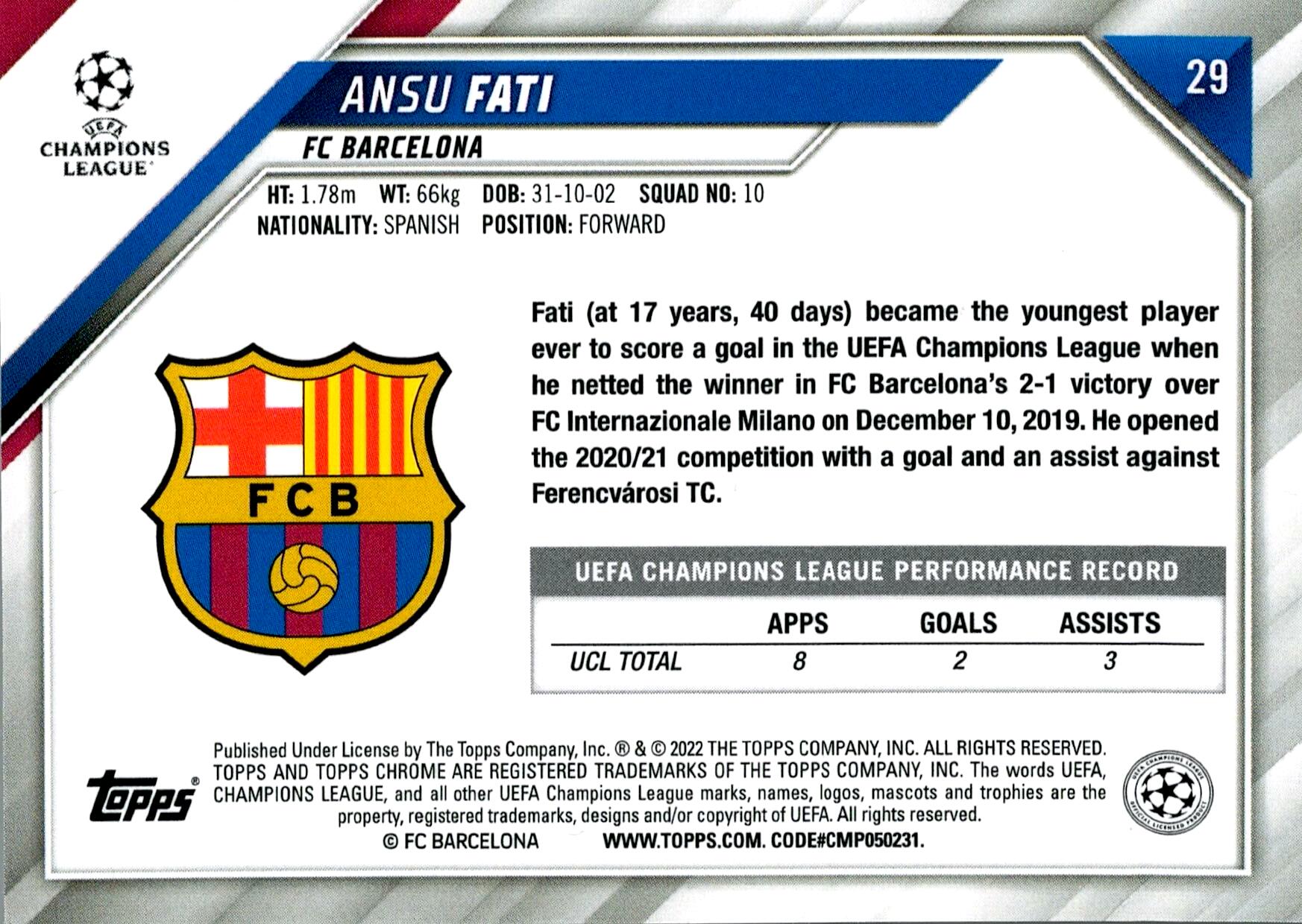TOPPS UEFA CHAMPIONS LEAGUE 2021/2022 ANSU FATI REFRACTOR Nº54