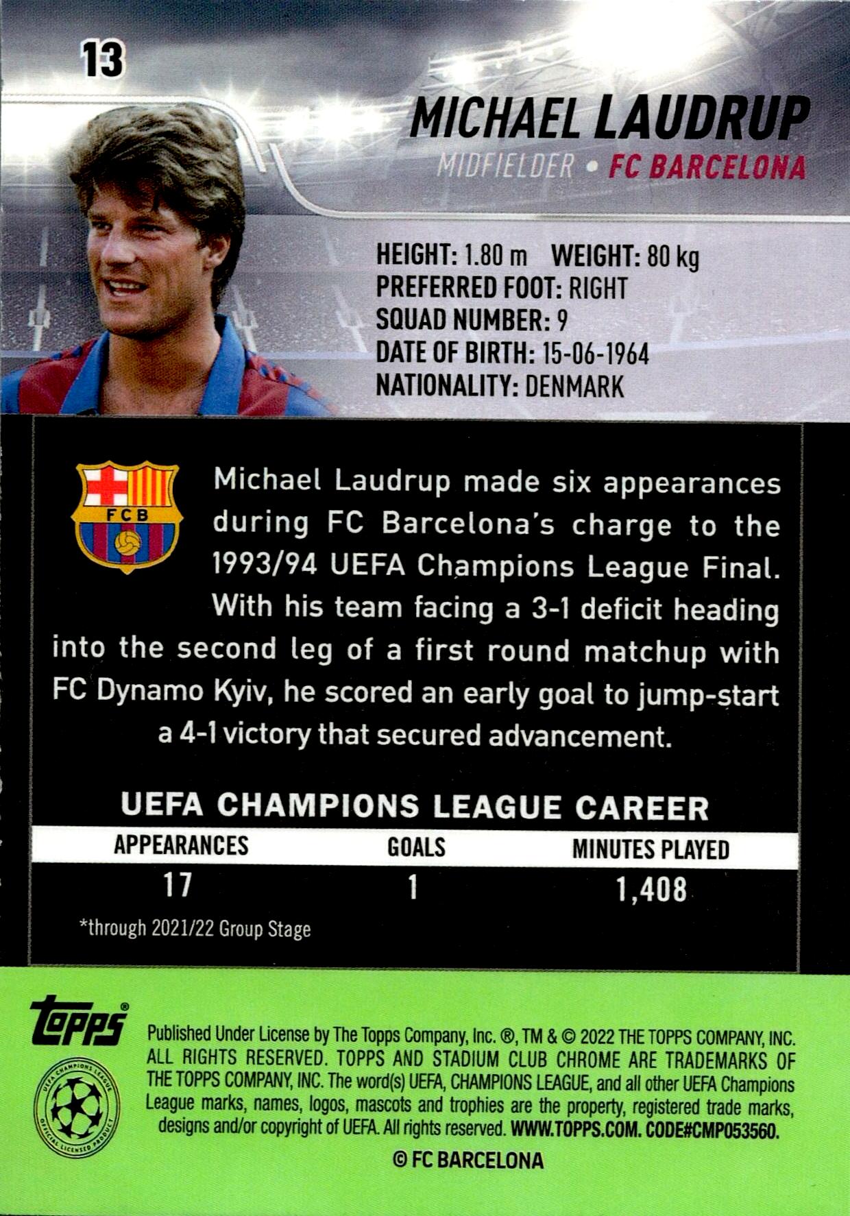 TOPPS STADIUM CHROME 2021/2022 MICHAEL LAUDRUP Nº13