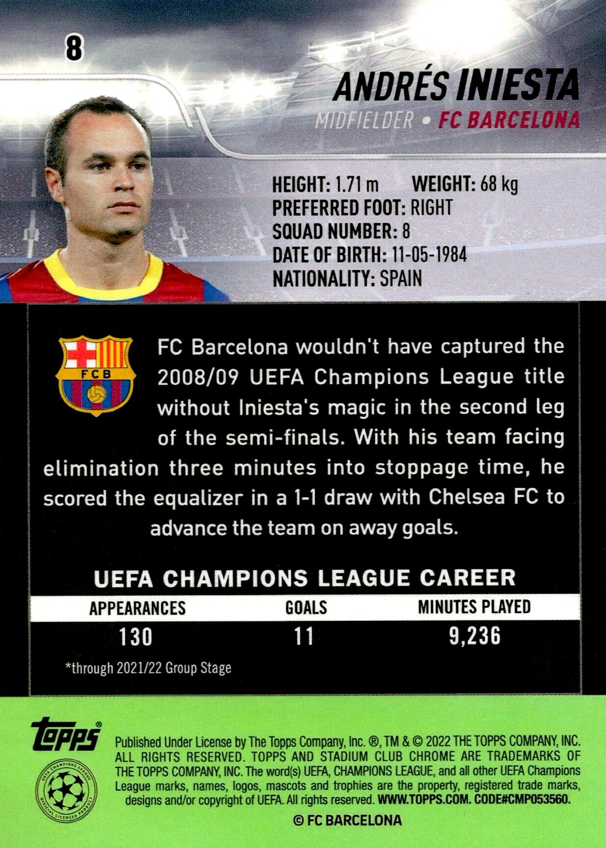 TOPPS STADIUM CHROME 2021/2022 ANDRÉS INIESTA Nº8