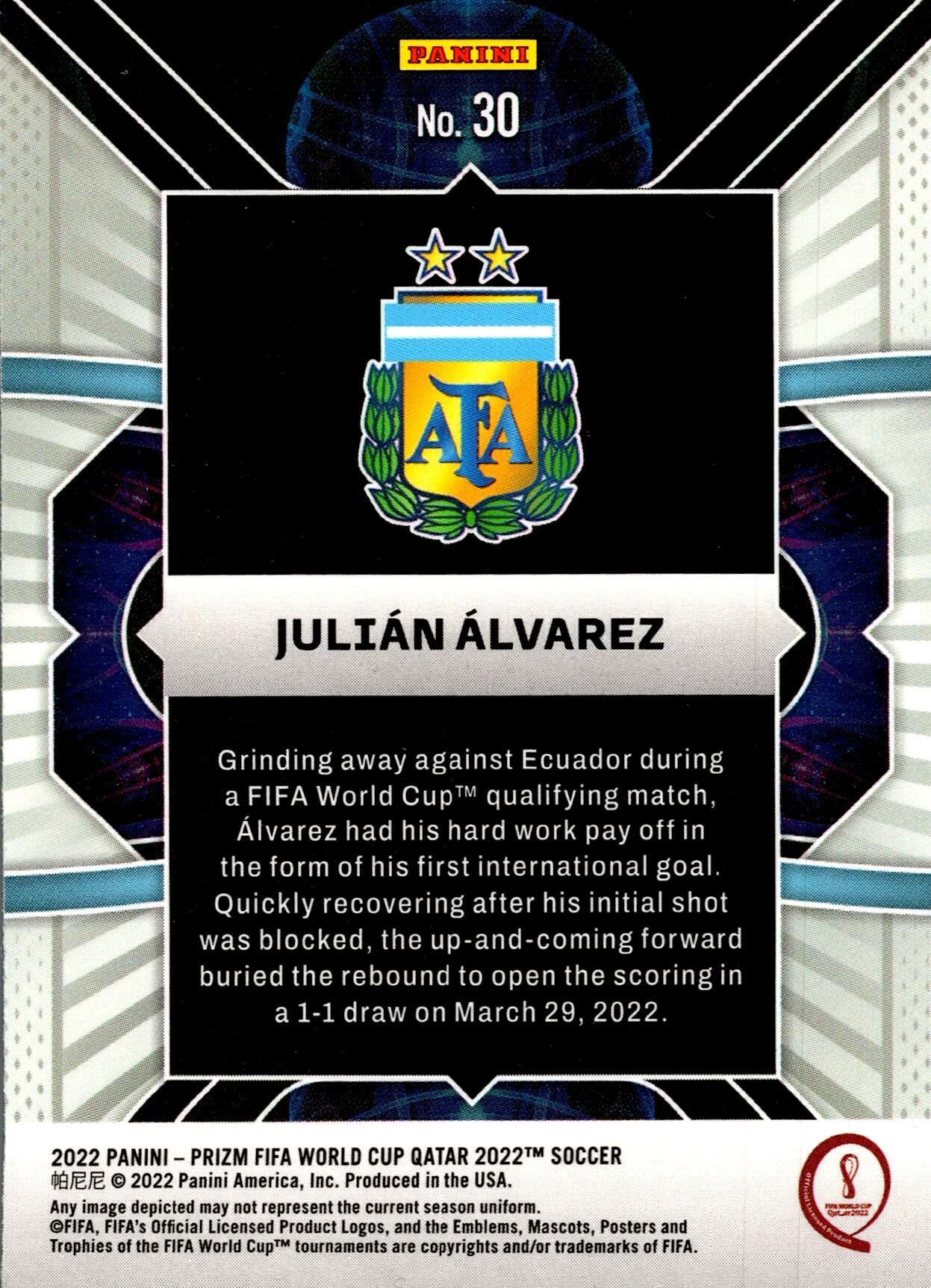 PANINI PRIZM WORLD CUP QATAR 2022 JULIÁN ÁLVAREZ PHENOMENON Nº30 ROOKIE