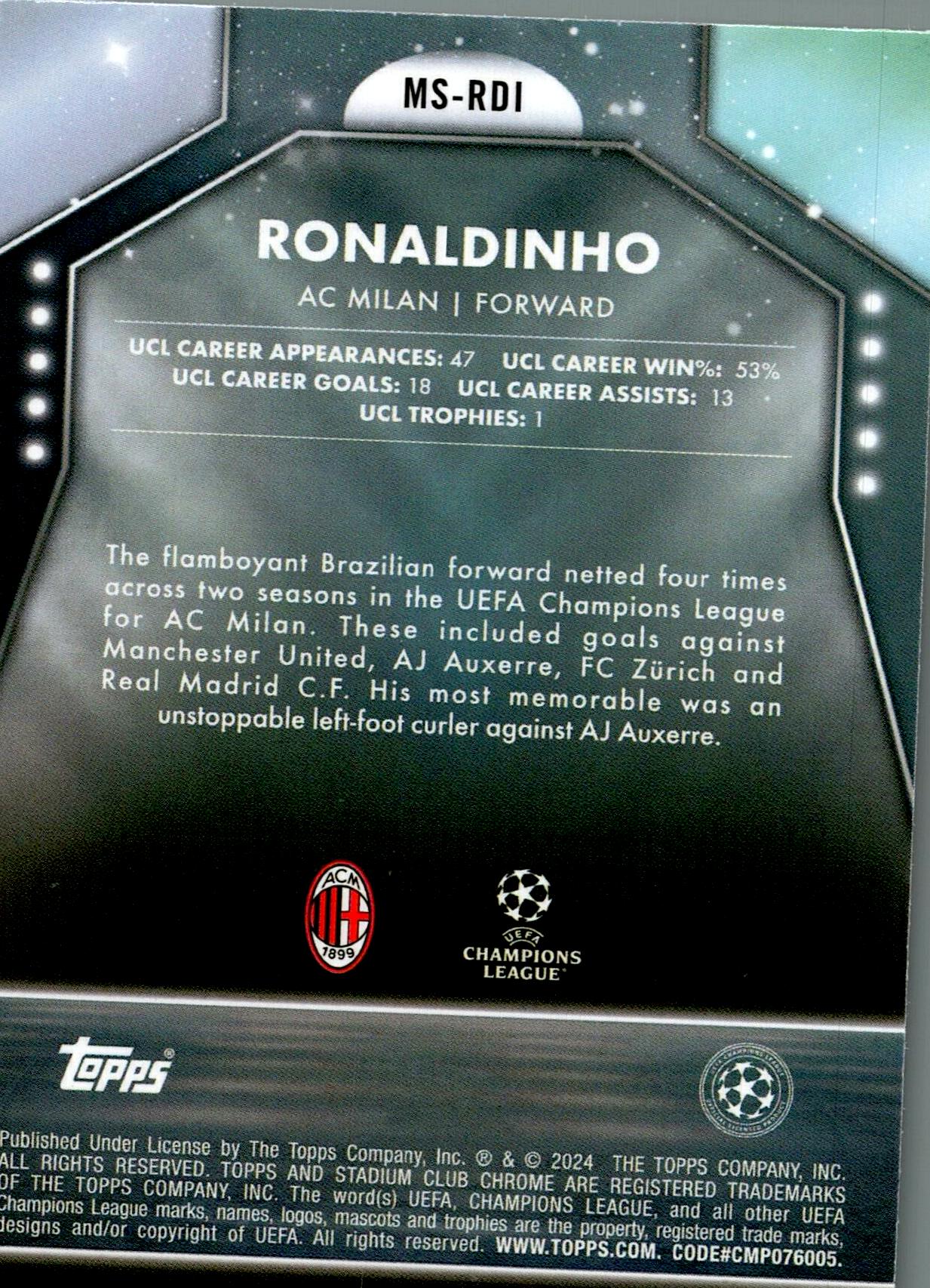 TOPPS STADIUM CHROME UCL 2023/2024 RONALDINHO MAIN STAGE NºMS-RDI