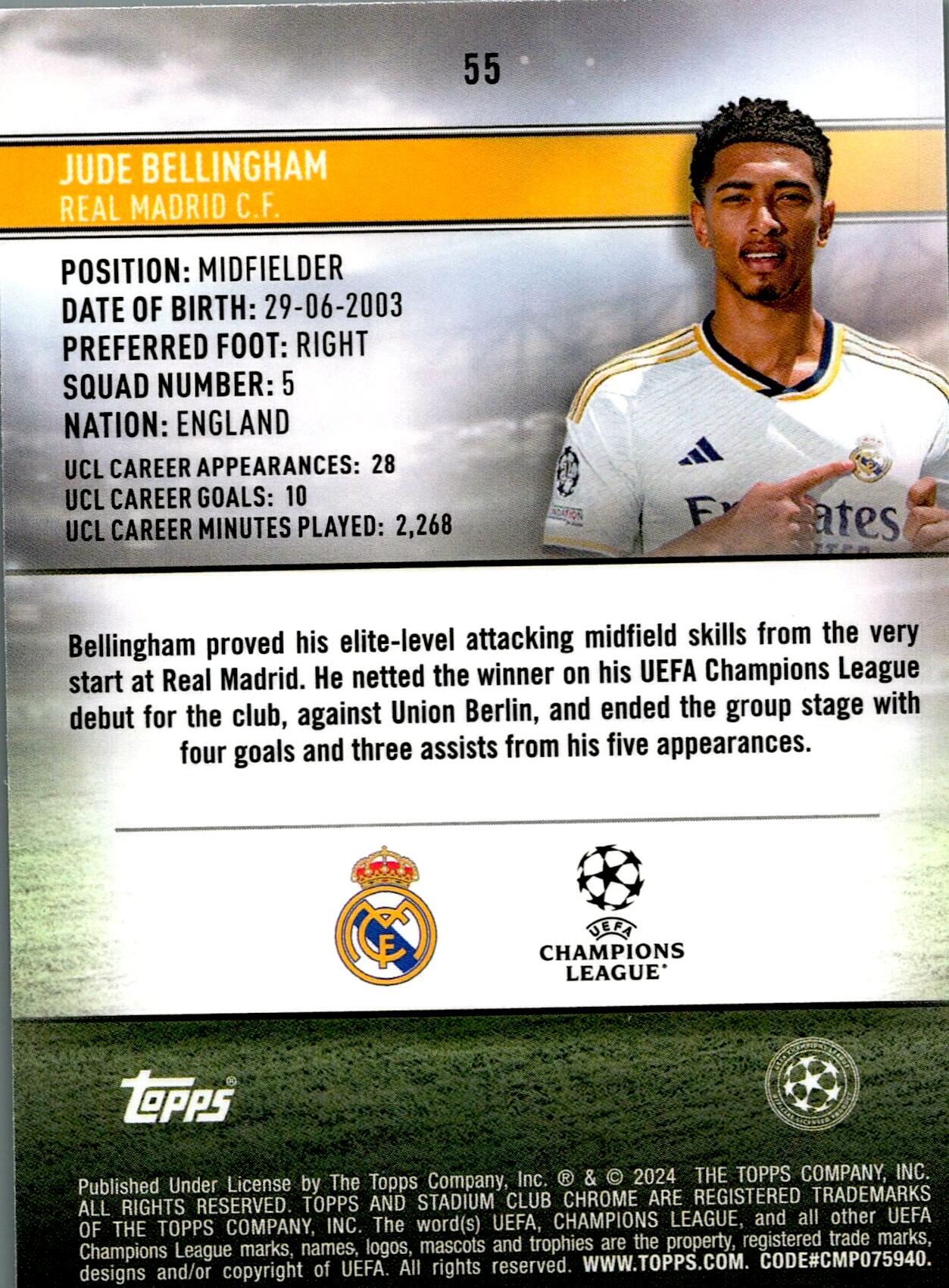 TOPPS STADIUM CHROME 2023/2024 JUDE BELLINGHAM Nº55 NUMERADA /199