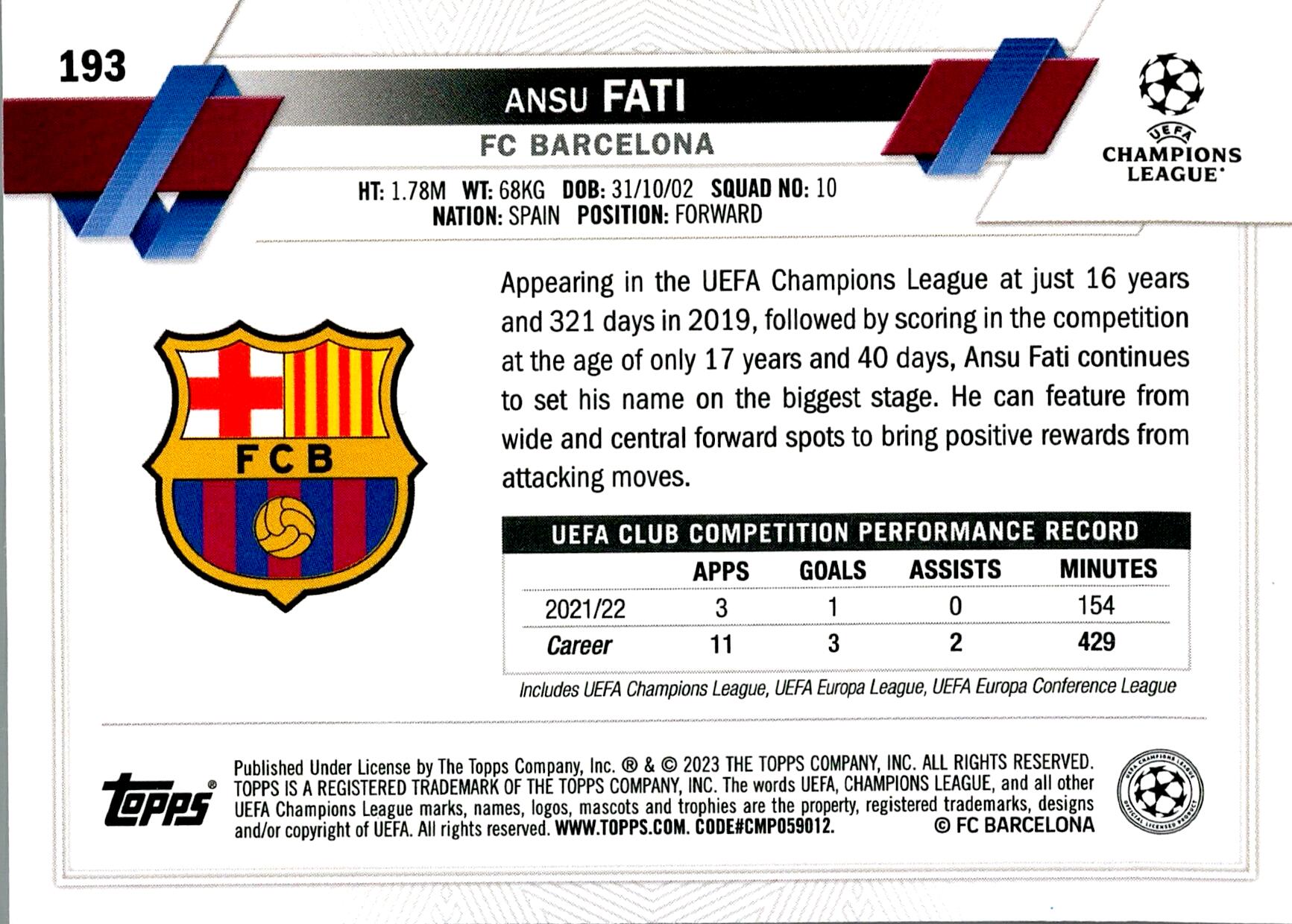 TOPPS UEFA CHAMPIONS LEAGUE 2022/2023 ANSU FATI Nº193 1ST