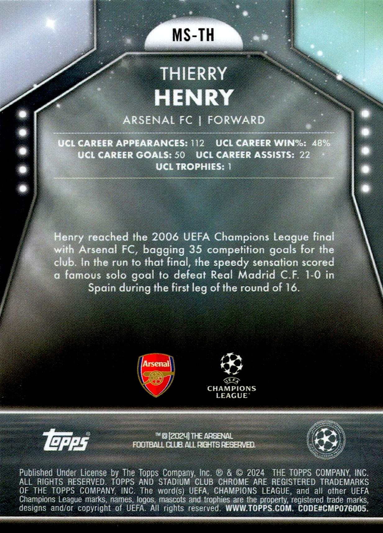 TOPPS STADIUM CHROME UCL 2023/2024 THIERRY HENRY MAIN STAGE NºMS-TH