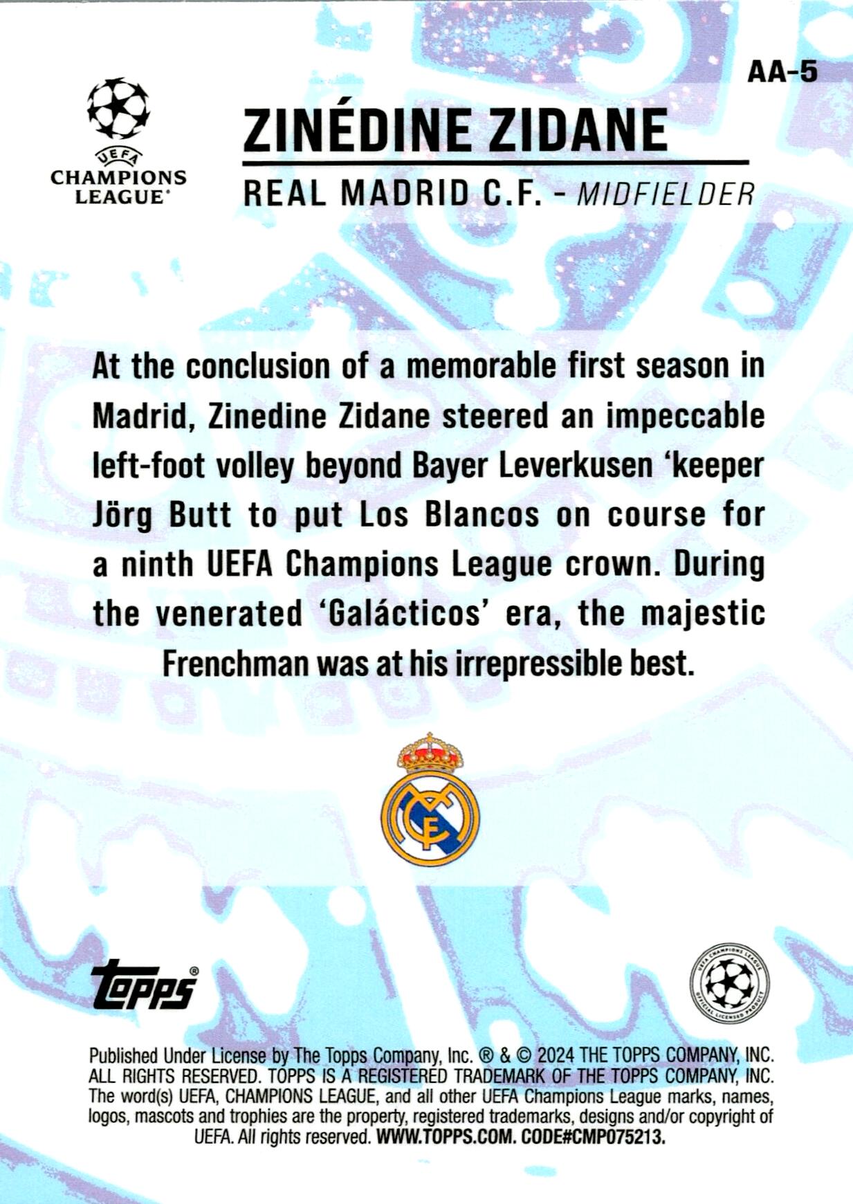 TOPPS MERLIN 2023/2024 ZINEDINE ZIDANE ANGELESS ALCHEMY NºAA-5