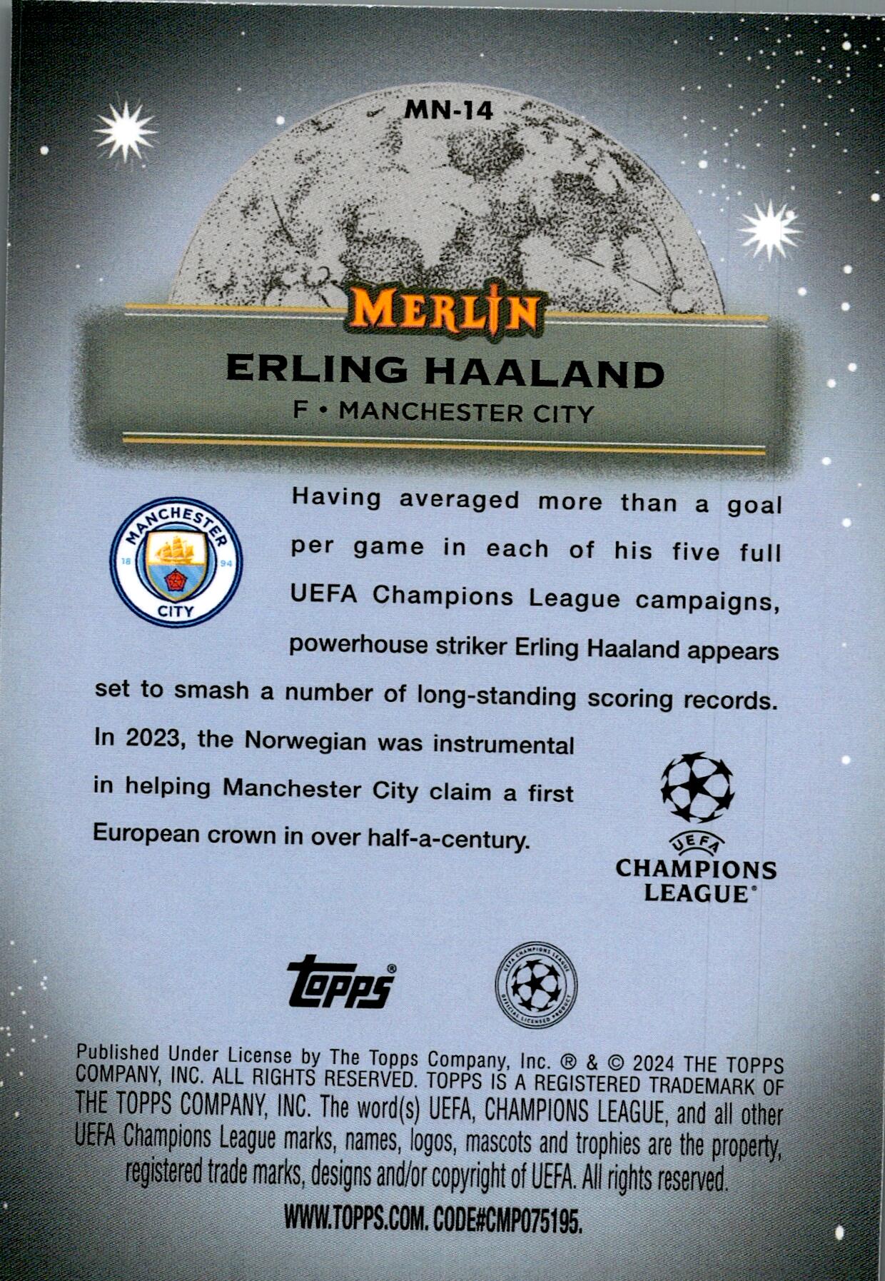TOPPS MERLÍN UCL 2023/2024 ERLING HAALAND MYSTIC NIGHTS NºMN-14