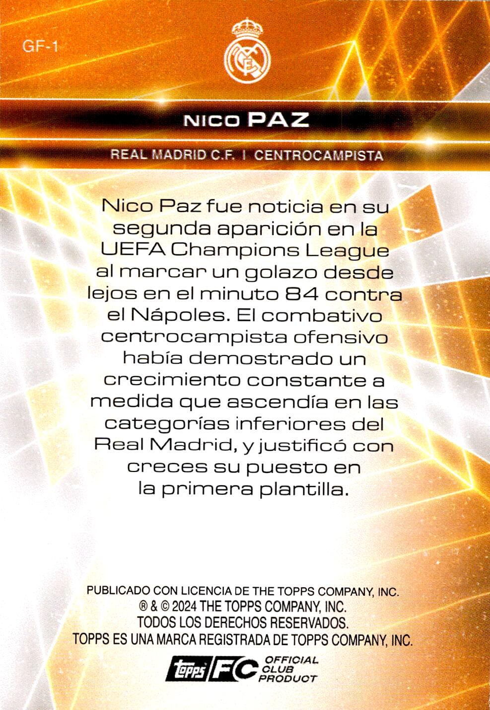 FAN SET REAL MADRID 2024/25 NICO PAZ GOLDEN FUTURE NºGF-1