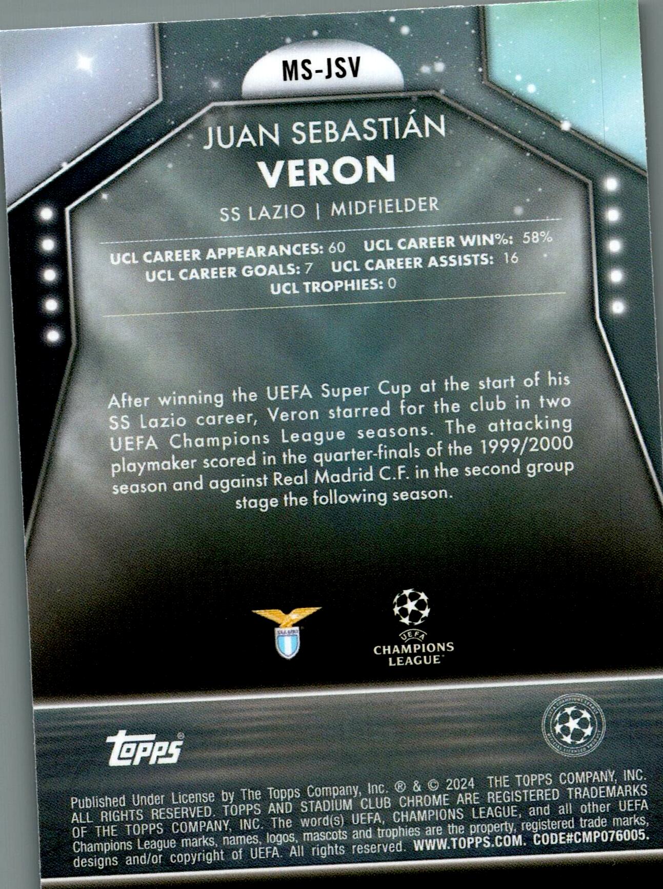 TOPPS STADIUM CHROME UCL 2023/2024 JUAN SEBASTIÁN VERÓN MAIN STAGE NºMS-JSV