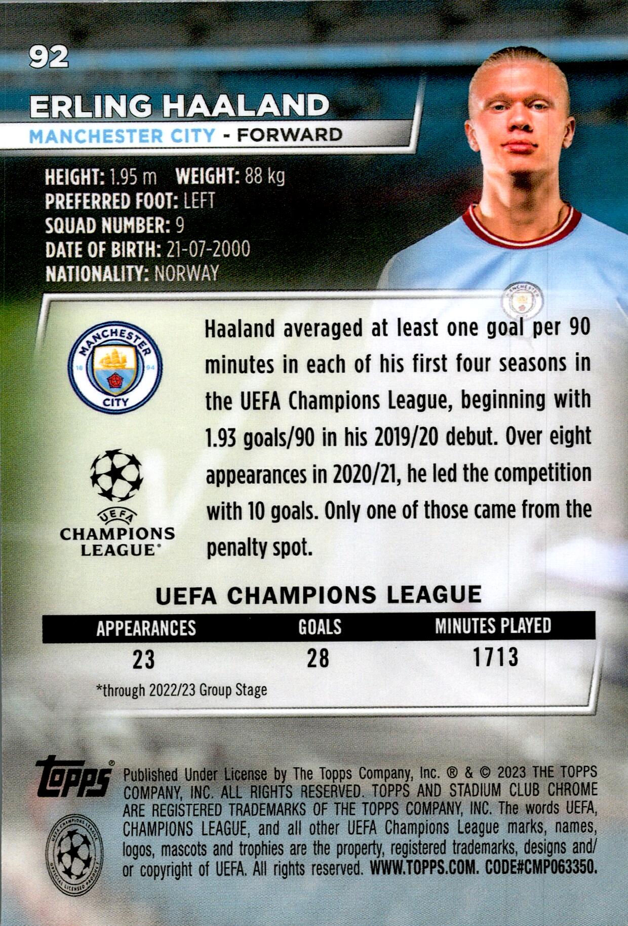 TOPPS STADIUM CHROME UCL 2022/2023 ERLING HAALAND Nº92