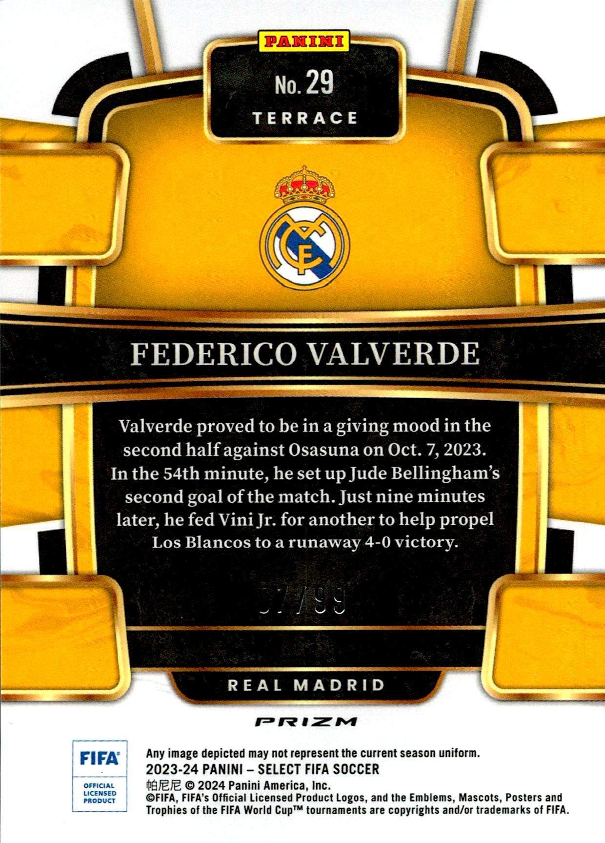 PANINI SELECT LA LIGA 2023/2024 VALVERDE Nº29 NUMERADA /99