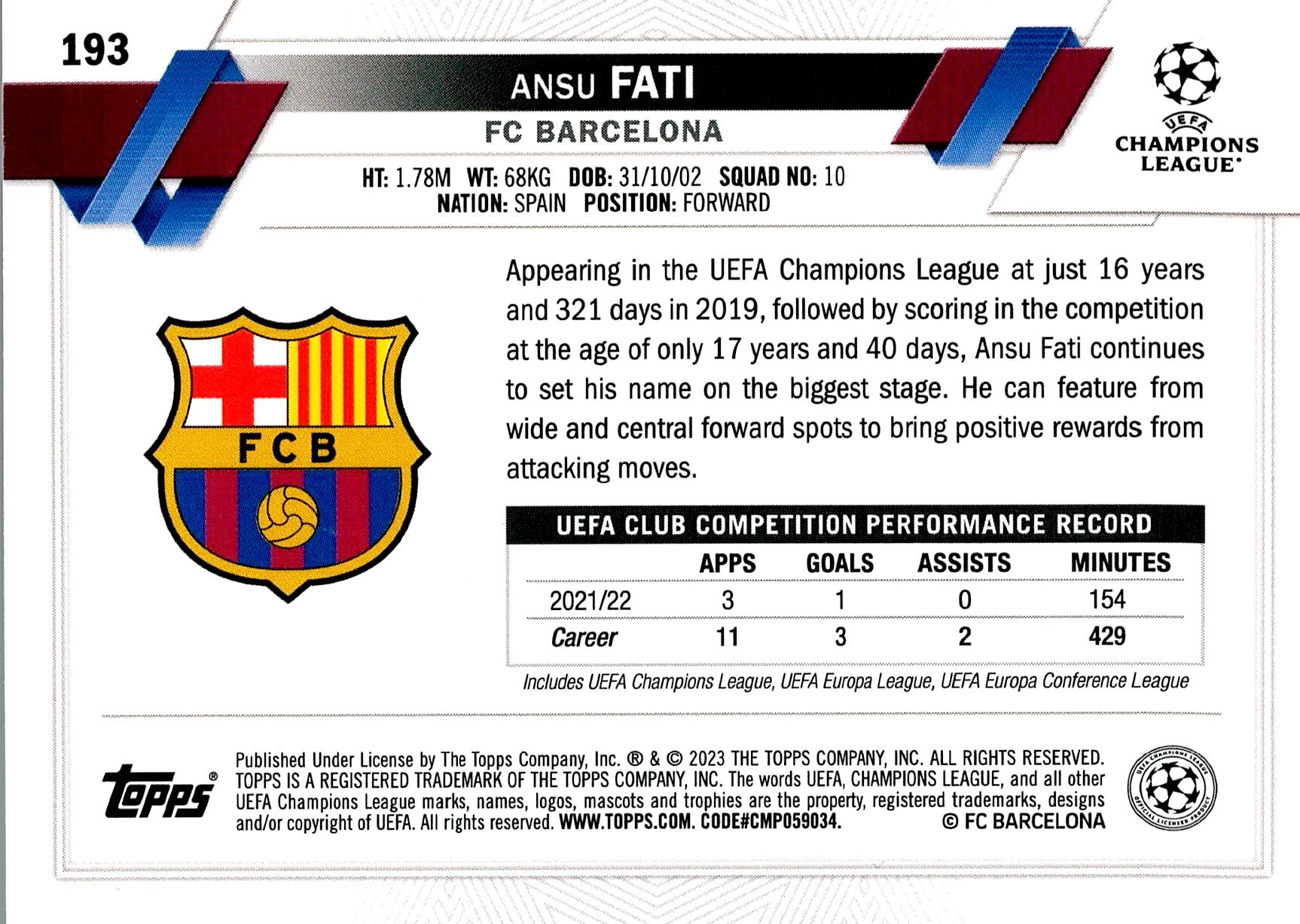 TOPPS UEFA CHAMPIONS LEAGUE 2022/2023 ANSU FATI Nº193