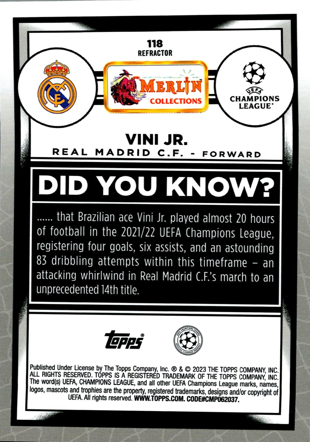 TOPPS MERLIN UCL 2022/2023 VINI JR Nº118 REFRACTOR