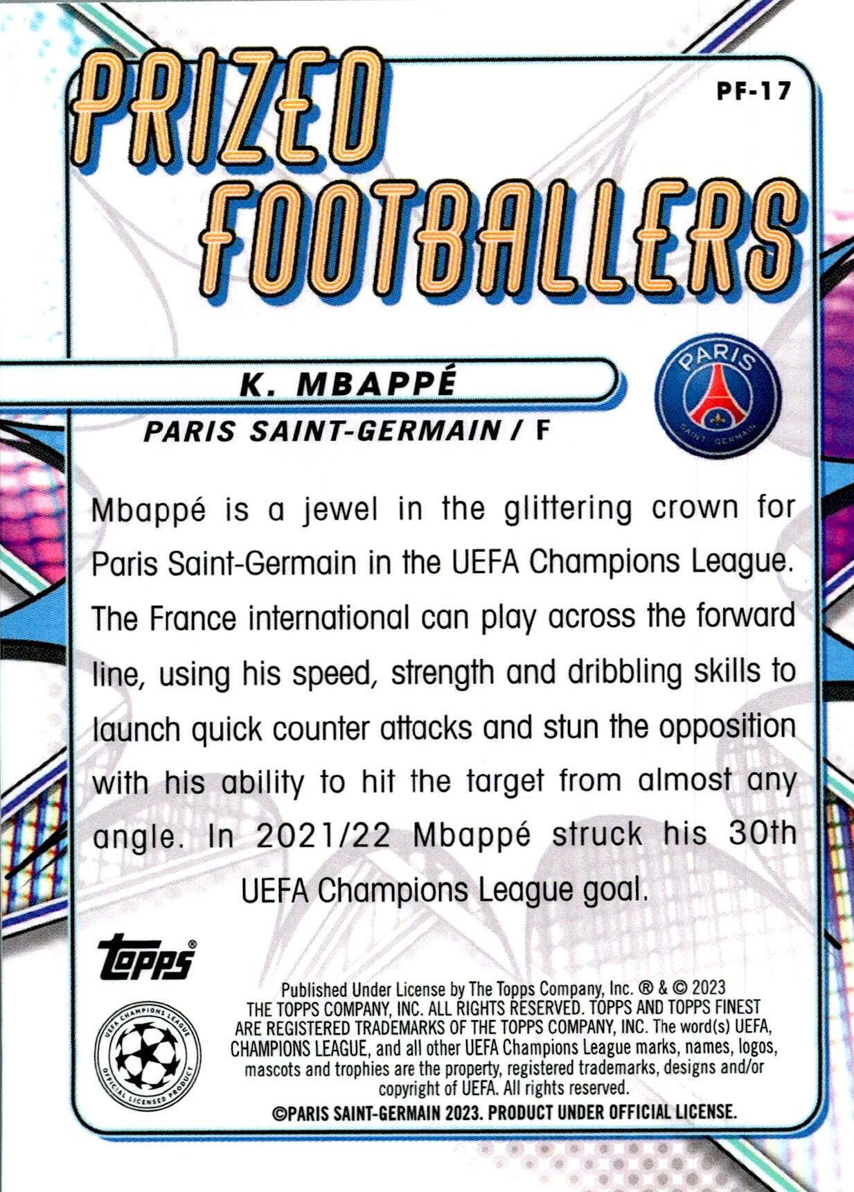 TOPPS FINEST UCL 2022/2023 MBAPPE NºPF-17