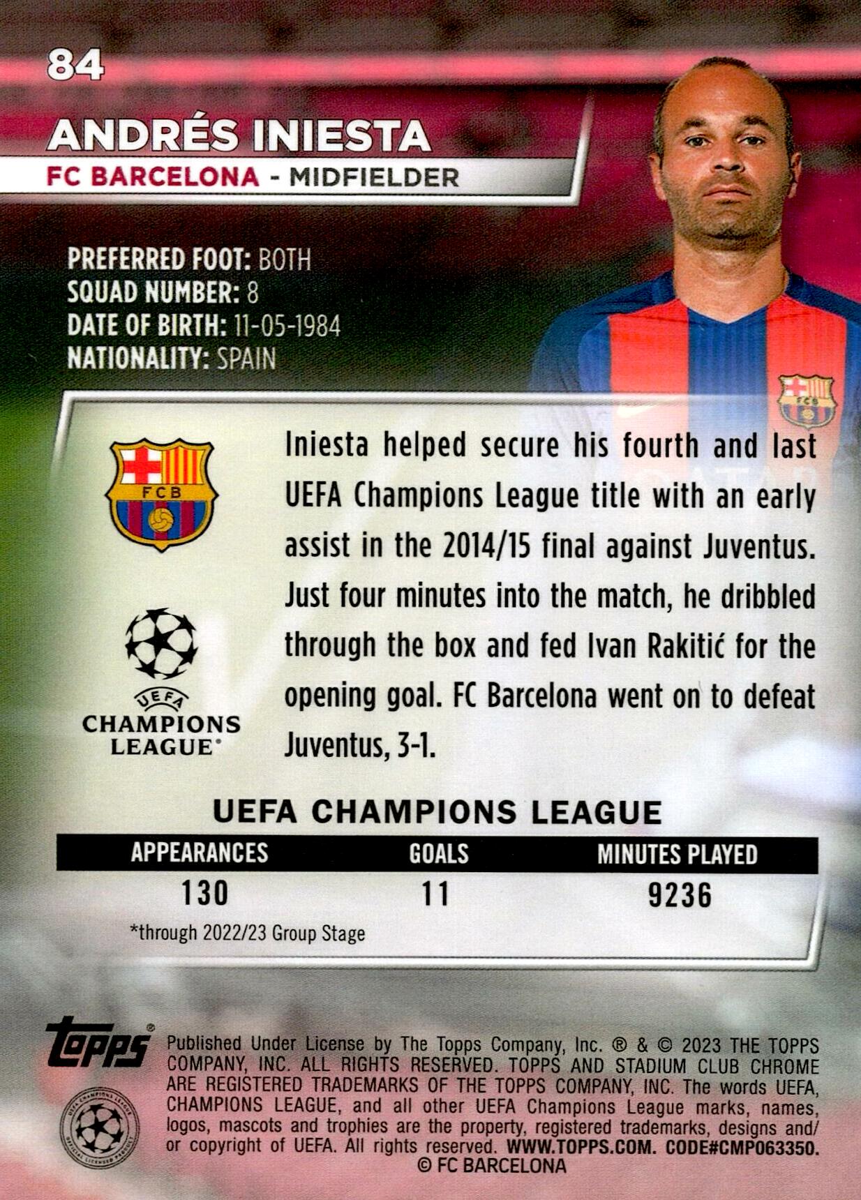 TOPPS STADIUM CHROME UCL 2022/2023 ANDRÉS INIESTA Nº84