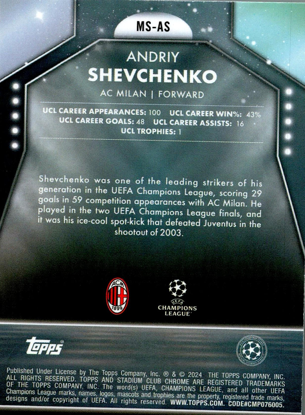 Ucl Rhapsody TOPPS STADIUM CHROME UCL 2023/2024 ANDRIY SHEVCHENKO MAIN STAGE NºMS-A