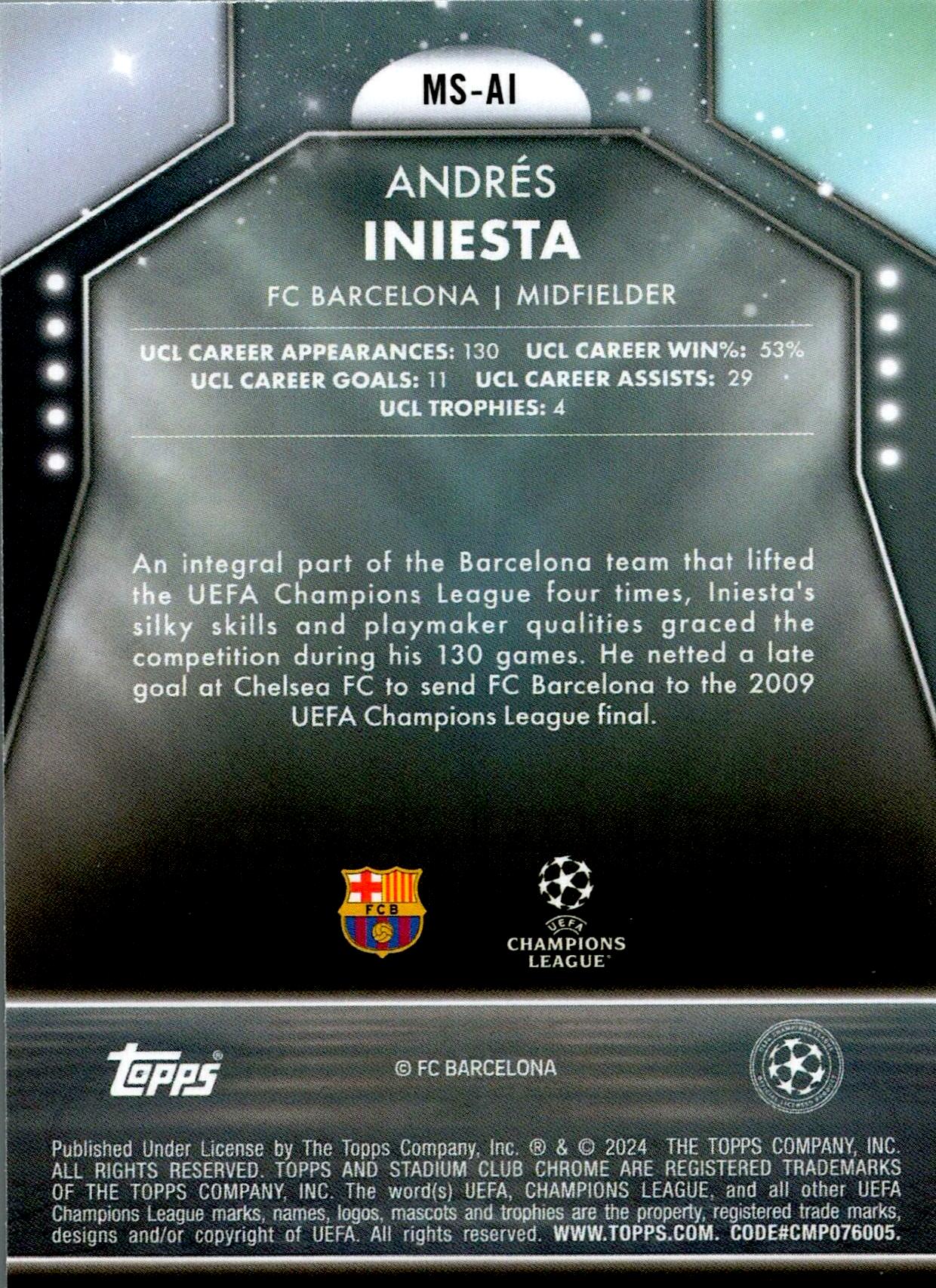 TOPPS STADIUM CHROME UCL 2023/2024 ANDRÉS INIESTA MAIN STAGE NºMS-AI