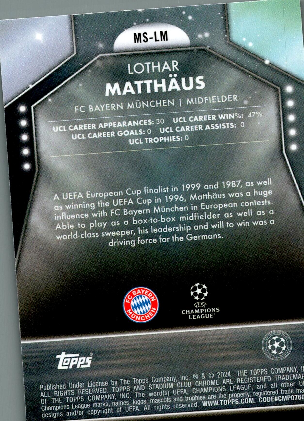 TOPPS STADIUM CHROME UCL 2023/2024 LOTHAR MATTHÄUS MAIN STAGE NºMS-LM