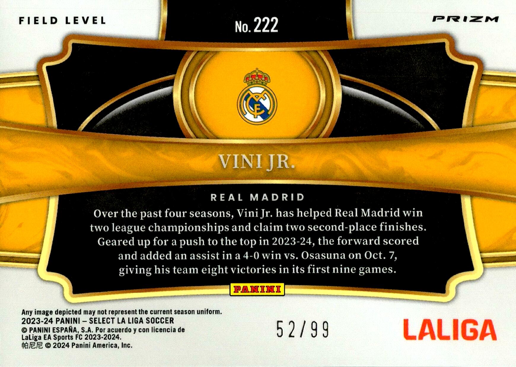 PANINI SELECT LA LIGA 2023/2024 VINICIUS Nº222 NUMERADA /99