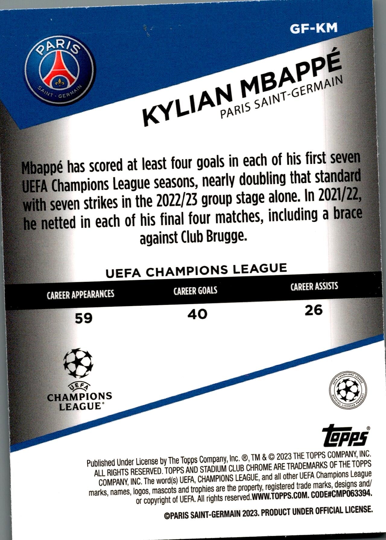 TOPPS STADIUM CHROME UCL 2022/2023 KYLIAN MBAPPE GOAL FORCE NºGF-KM