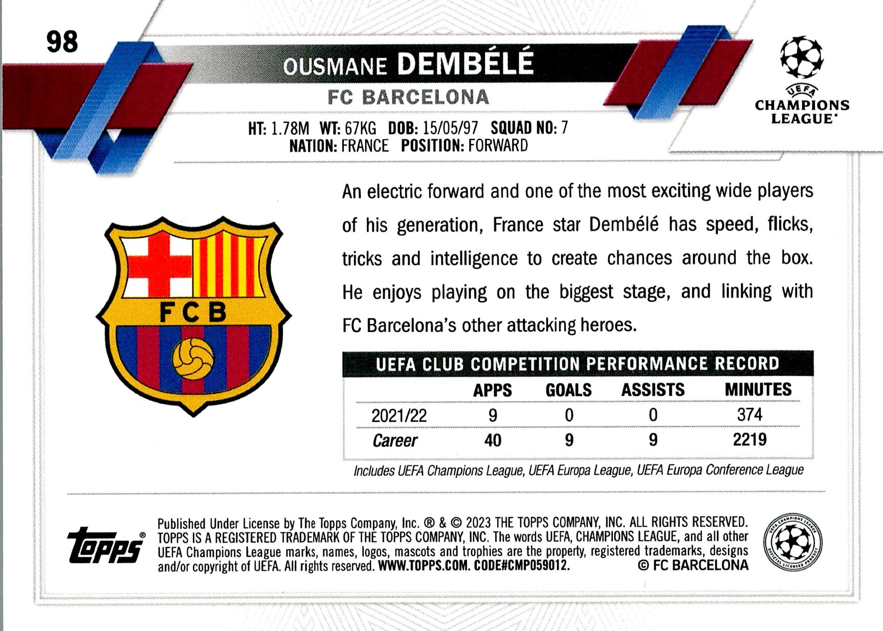 TOPPS UEFA CHAMPIONS LEAGUE 2022/2023 OUSMANE DEMBÉLÉ Nº98 1ST