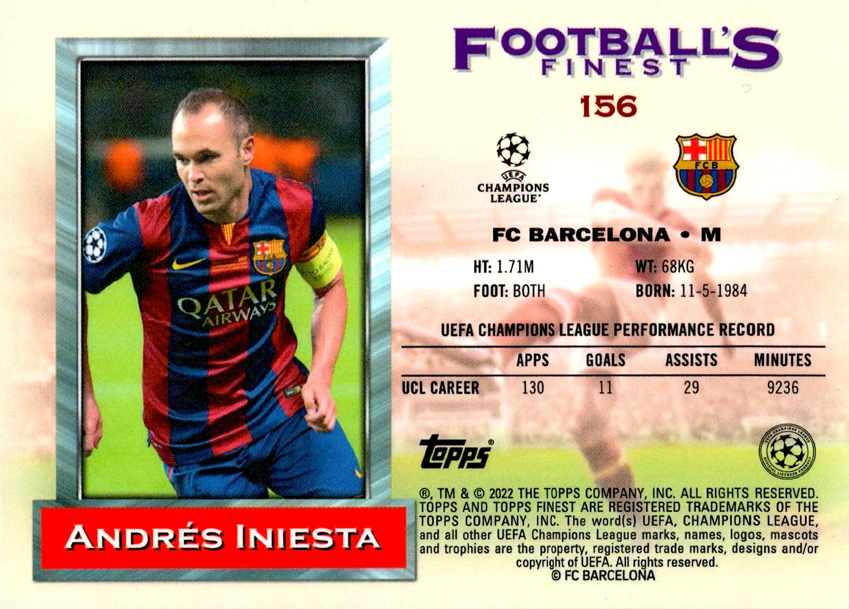 TOPPS FINEST UCL 2021/2022 ANDRÉS INIESTA FOOTBALL´S FINETS Nº156