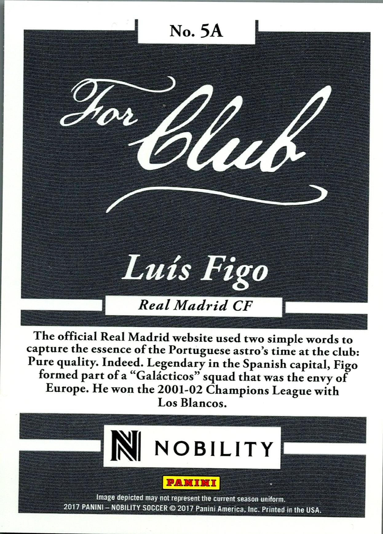 PANINI NOBILITY 2016/2017 LUIS FIGO FOR CLUB Nº5A