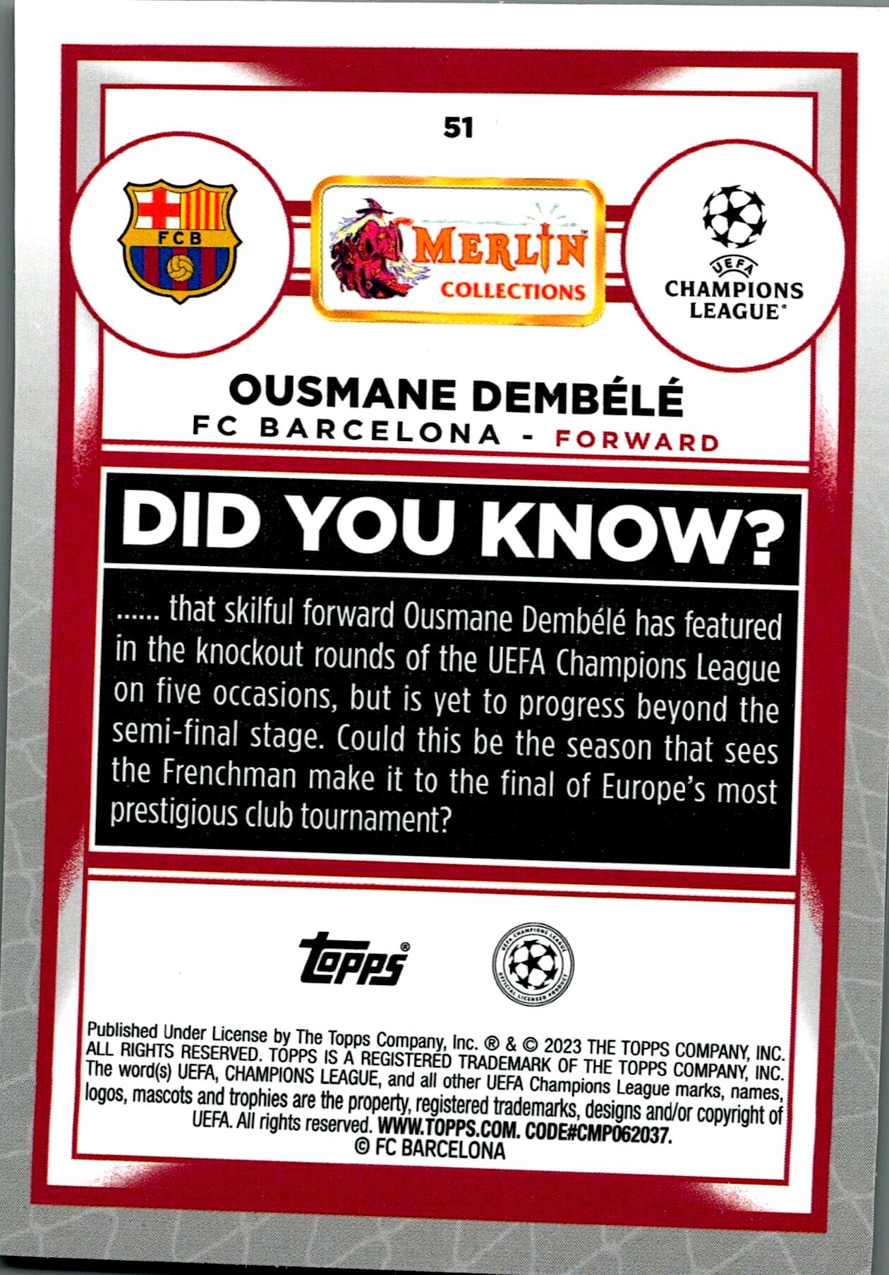 TOPPS MERLIN UCL 2022/2023 OUSMANE DEMBÉLÉ Nº51