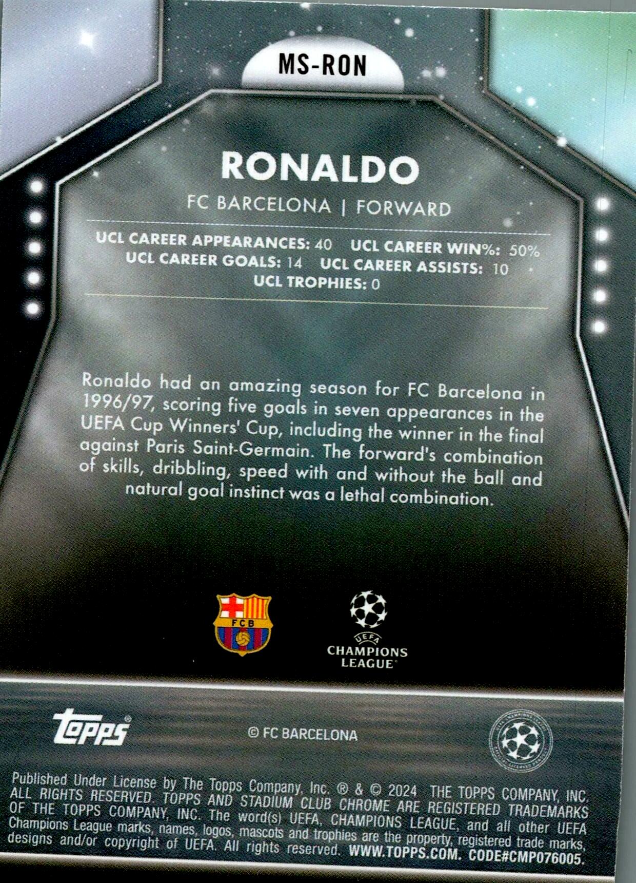 TOPPS STADIUM CHROME UCL 2023/2024 RONALDO MAIN STAGE NºMS-RON