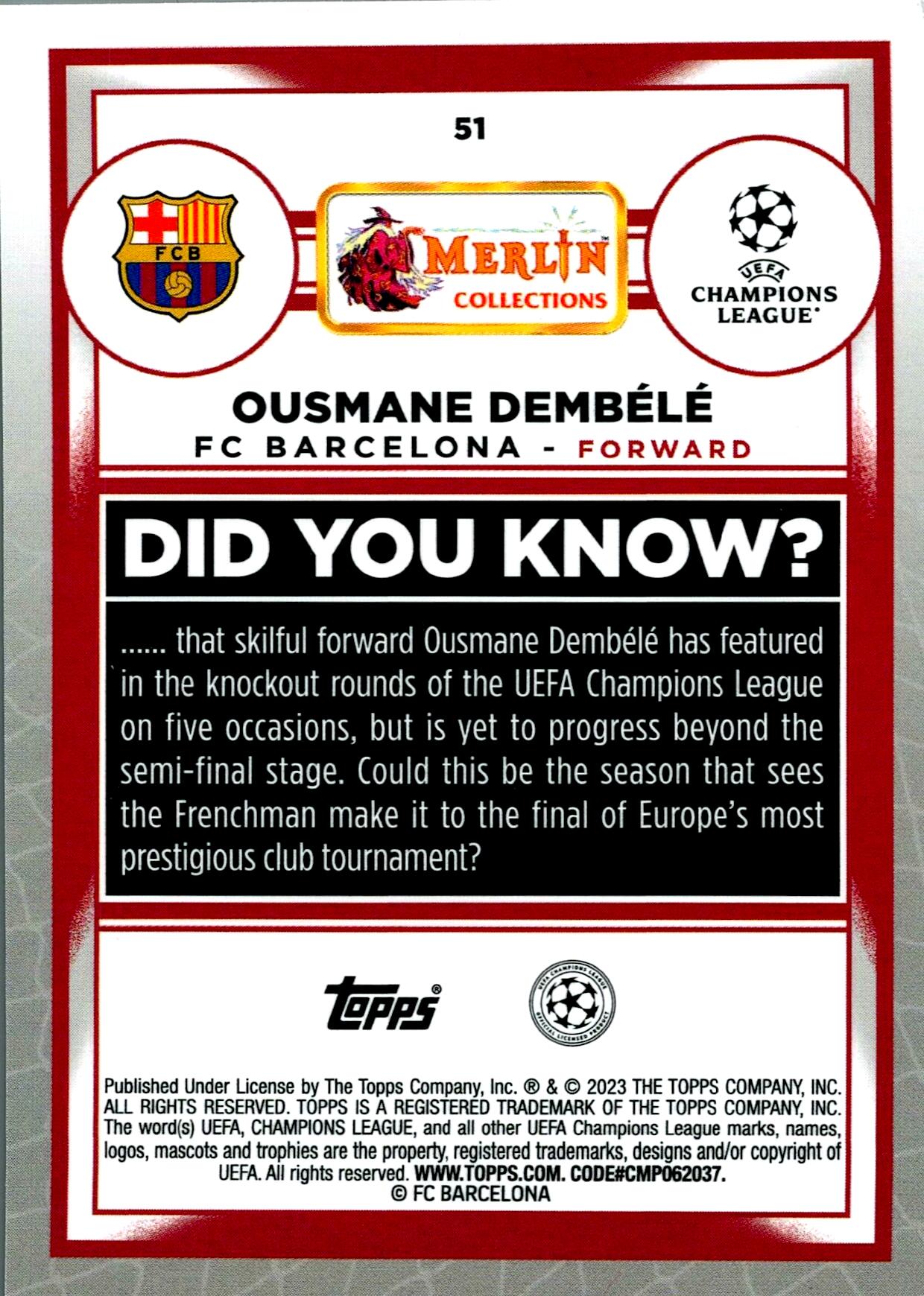 TOPPS MERLIN UCL 2022/2023 OUSMANE DEMBÉLÉ BLUE PARALLEL Nº51