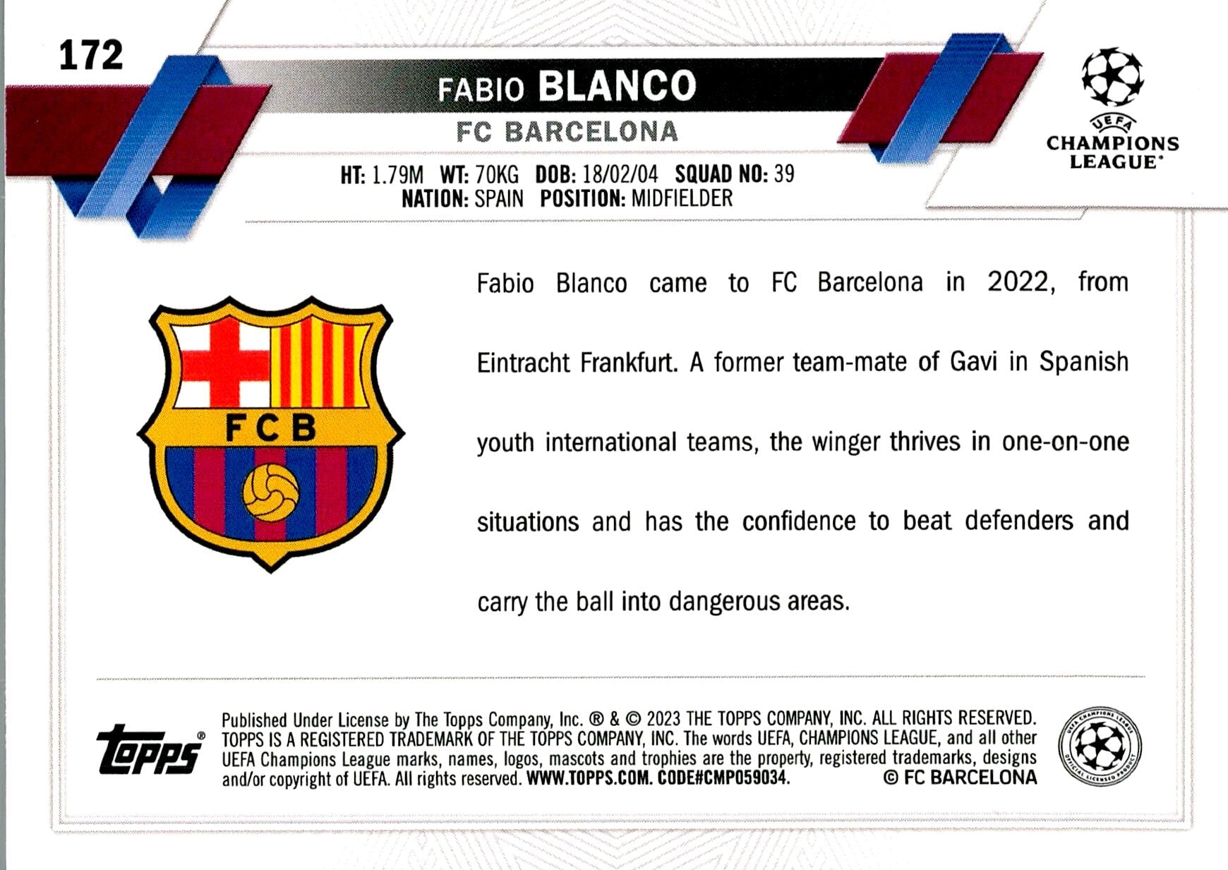 TOPPS UEFA CHAMPIONS LEAGUE 2022/2023 FABIO BLANCO Nº172 ROOKIE