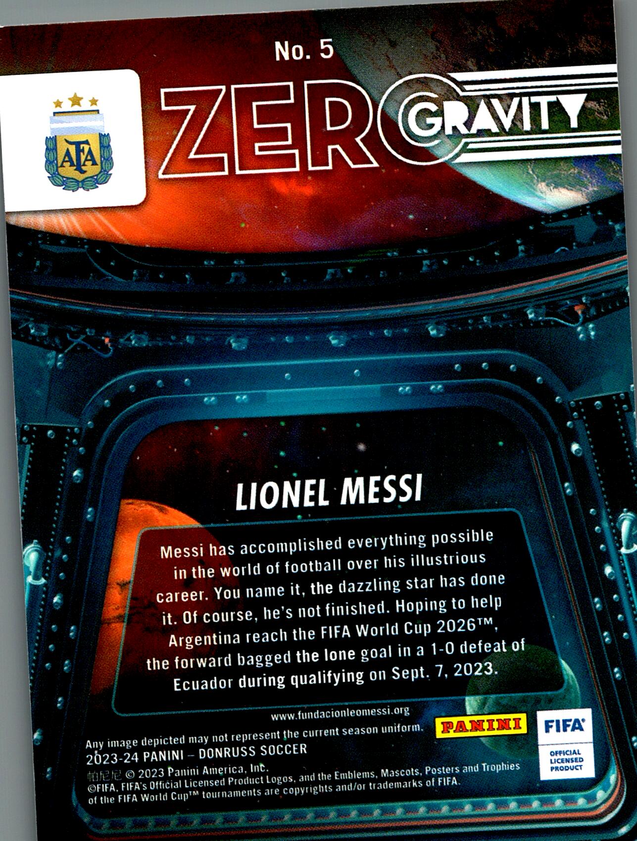 PANINI DONRUSS FIFA 2023/2024 LIONEL MESSI ZERO GRAVITY Nº5