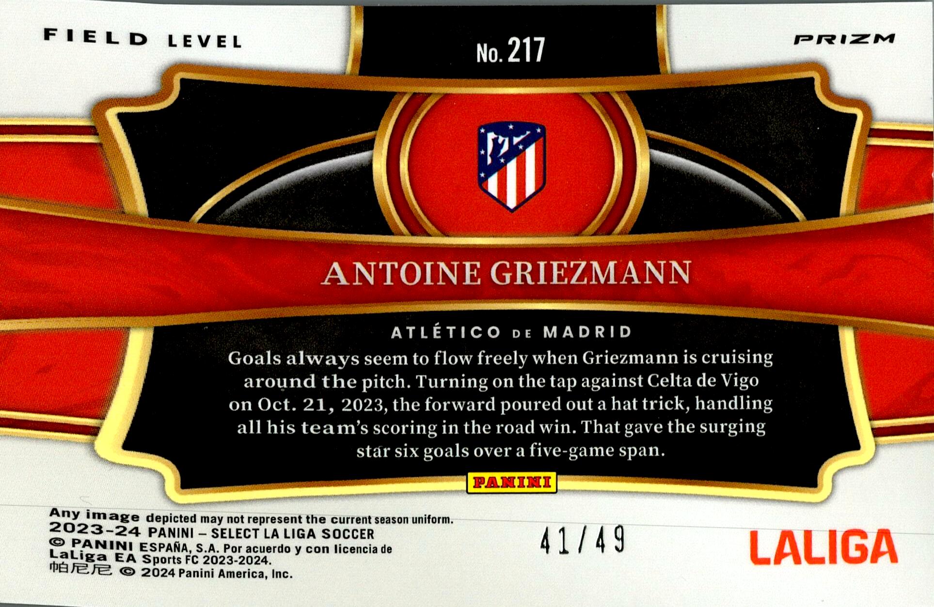 PANINI SELECT LA LIGA 2023/2024 ANTOINE GRIEZMANN Nº217 NUMERADA /50