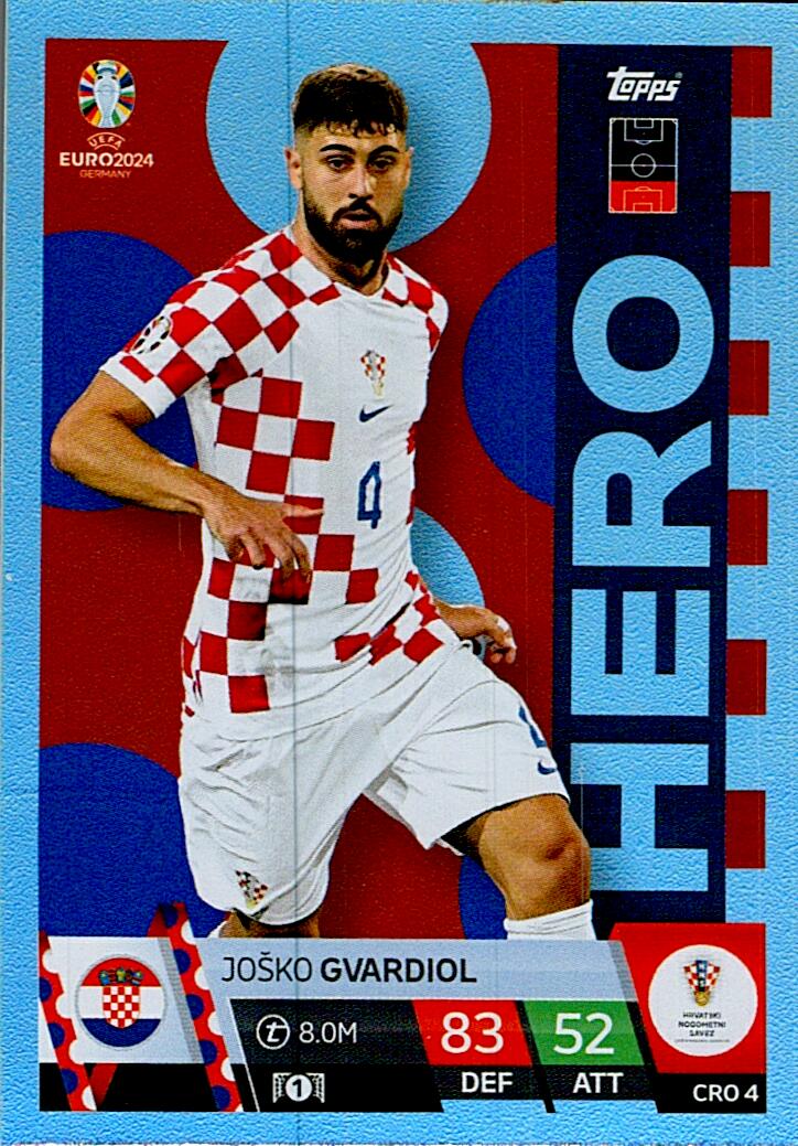 TOPPS MATCH ATTAX UEFA EURO 2024 JOSKO GVARDIOL CROACIA NºCRO4 HERO