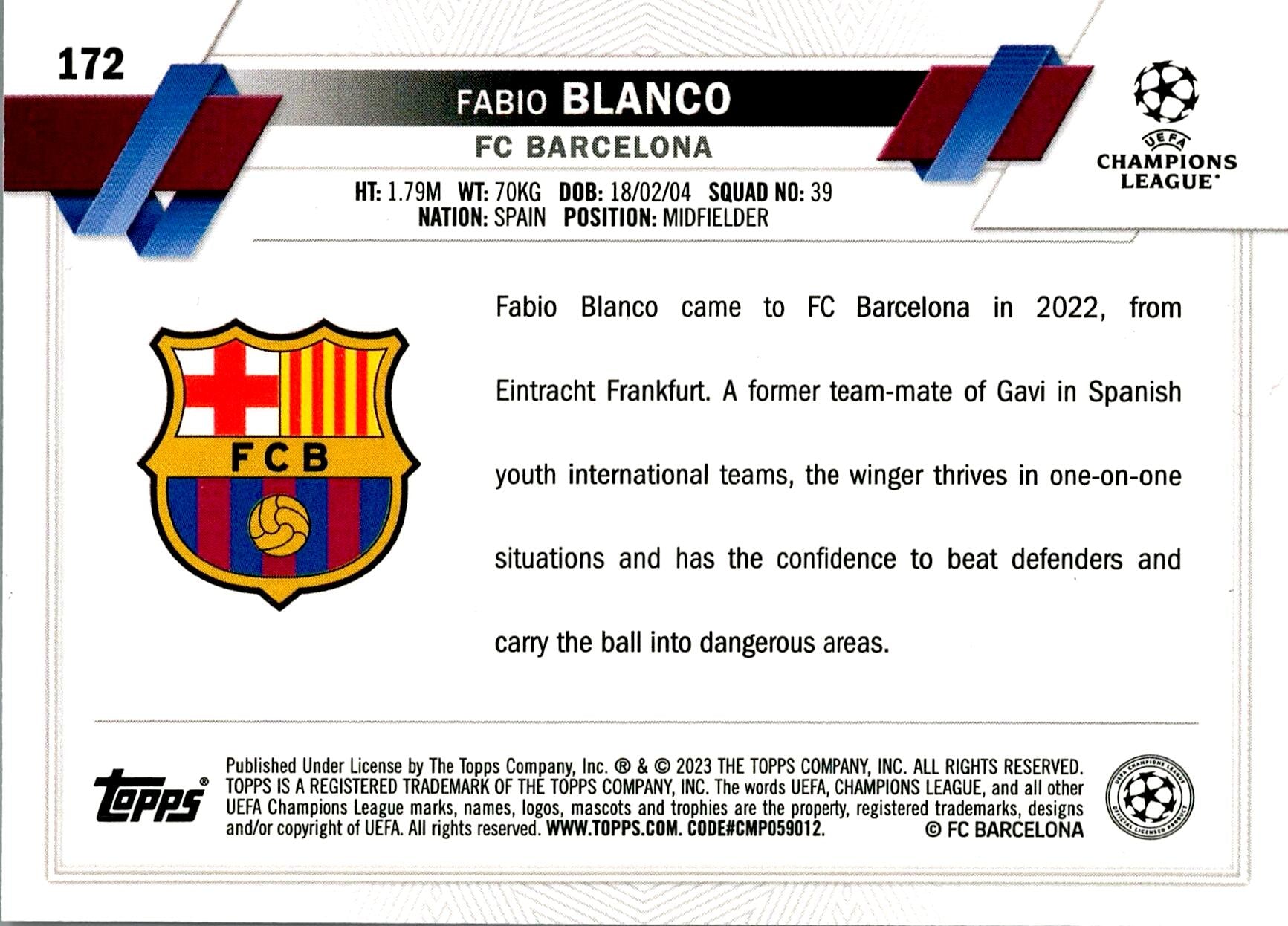 TOPPS UEFA CHAMPIONS LEAGUE 2022/2023 FABIO BLANCO Nº172 ROOKIE 1ST