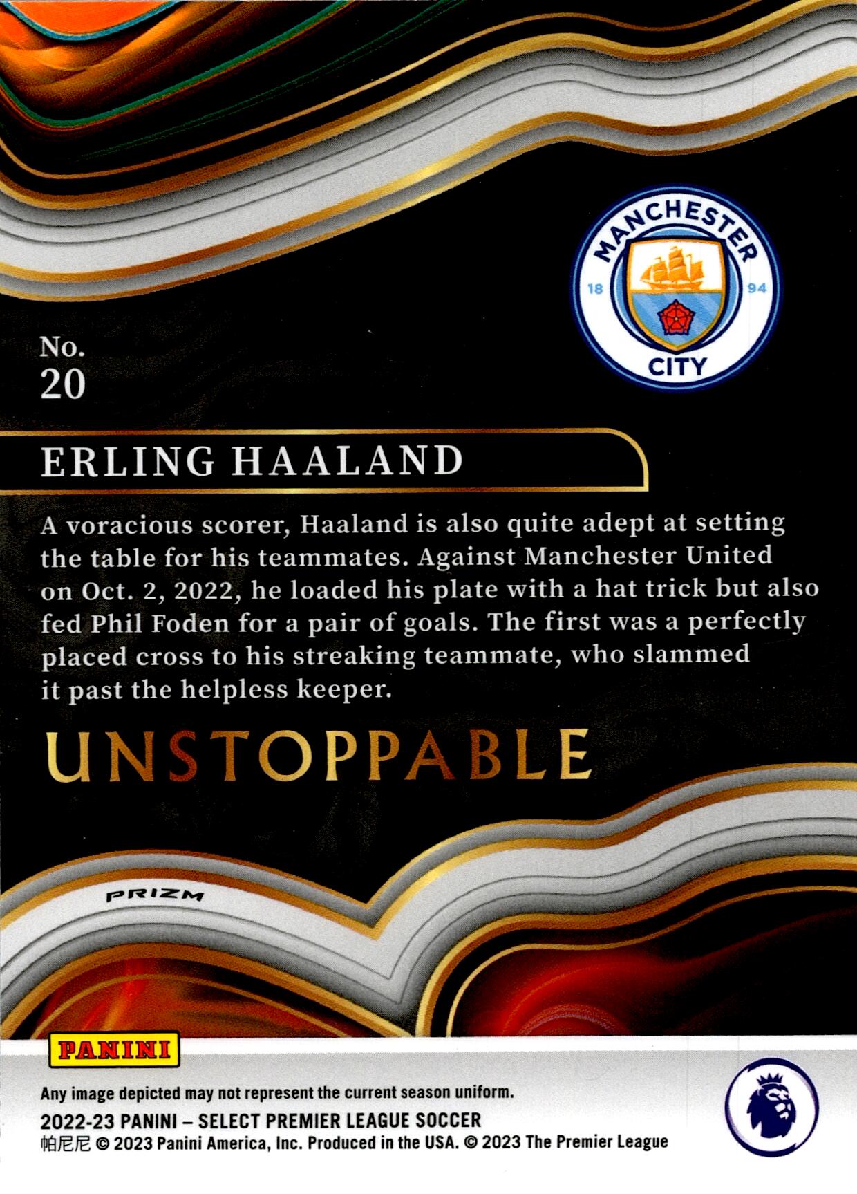 PANINI SELECT PREMIER LEAGUE 2022/2023 ERLING HAALAND UNSTOPPABLE Nº20