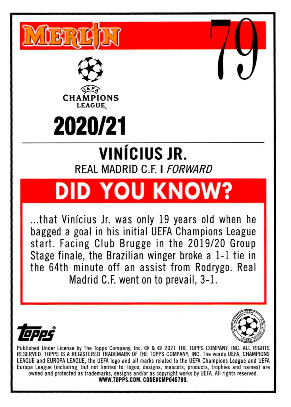 TOPPS MERLIN UEFA CHAMPIONS LEAGUE 2020/2021 - VINICIUS JR. Nº79 AQUA INSERT