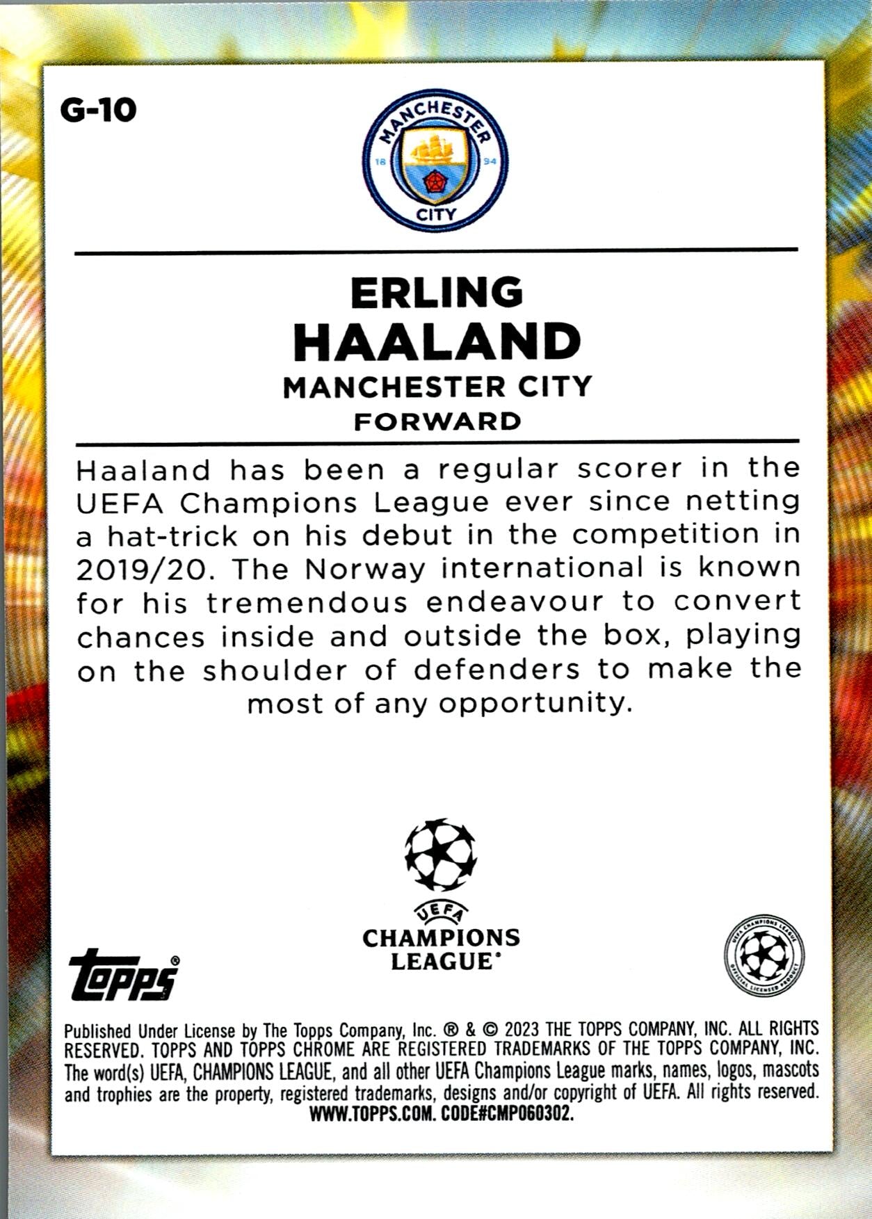 TOPPS CHROME UCL 2022/2023 ERLING HAALAND GOLAZO NºG-10