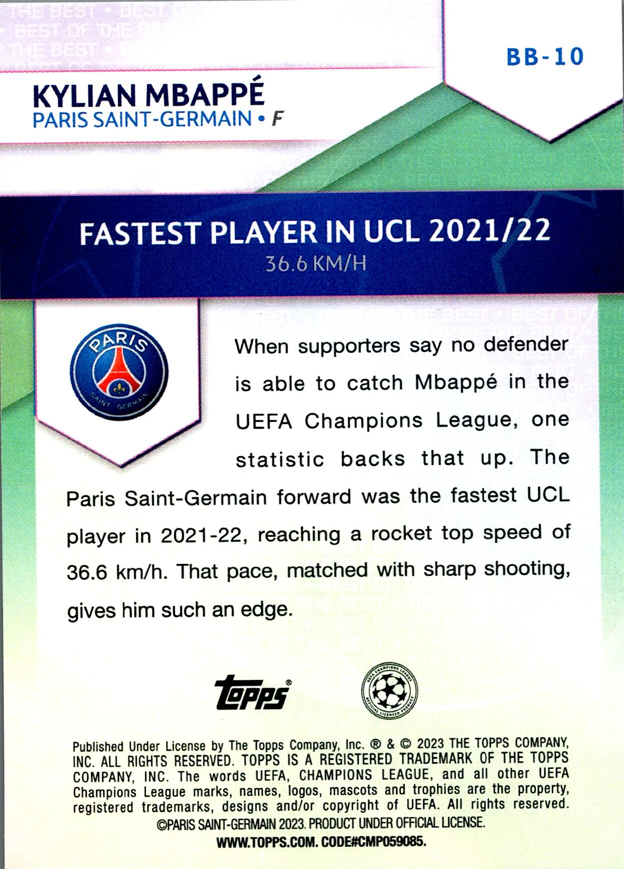 TOPPS UEFA CHAMPIONS LEAGUE 2022/2023 KYLIAN MBAPPE BEST OF THE BEST NºBB-10