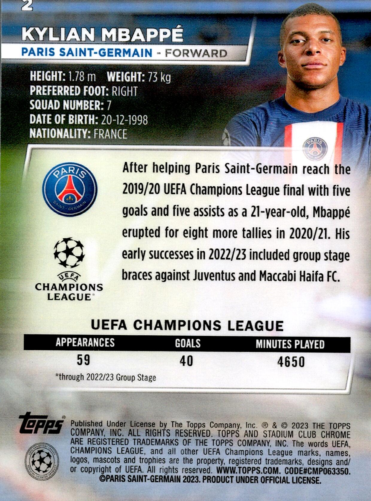TOPPS STADIUM CHROME UCL 2022/2023 KYLIAN MBAPPE Nº2
