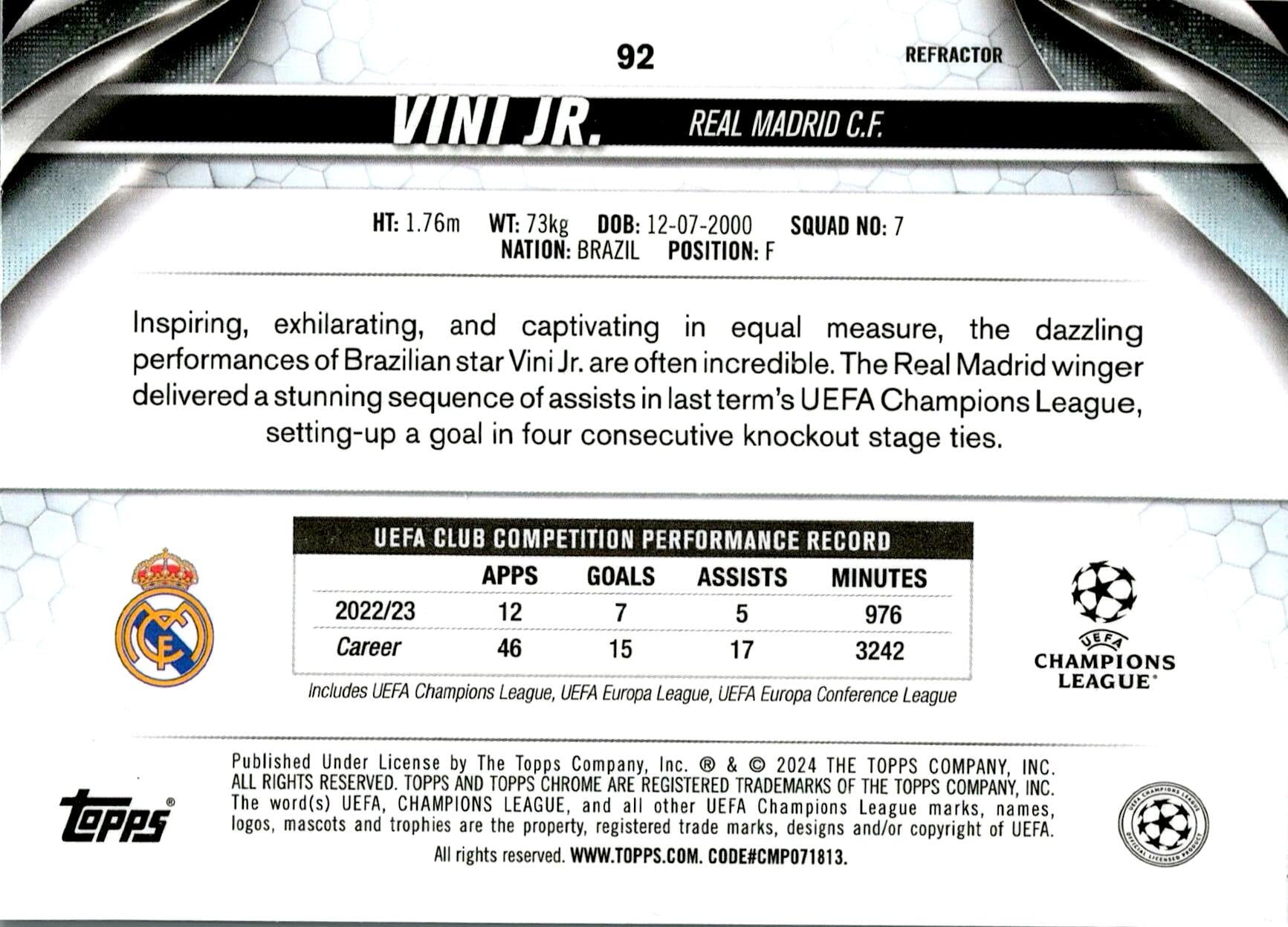 TOPPS CHROME UCL 2023/2024 VINI JR. Nº92