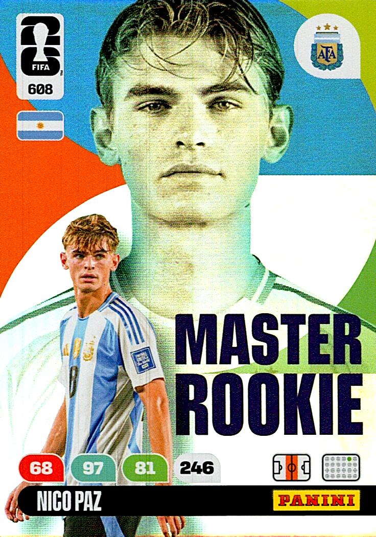 ADRENALYN WORLD CUP 2026 NICO PAZ MASTER ROOKIE Nº608