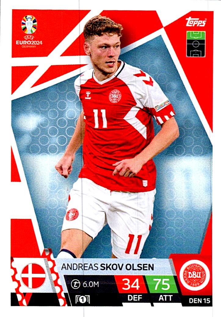 TOPPS MATCH ATTAX UEFA EURO 2024 ANDREAS SKOV OLSEN DINAMARCA NºDEN15