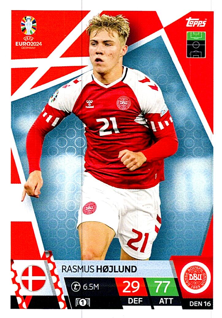 TOPPS MATCH ATTAX UEFA EURO 2024 RASMUS HOJLUND DINAMARCA NºDEN16